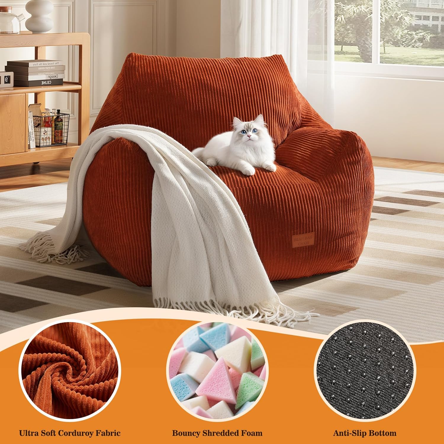 Big Bean Bag Chair for Adults, Ultra Soft Living Room Bean Bag with Armrests, Stuffed BeanBag Chair for Napping, Gaming, Vacuum-Compressed for Easy Gifting, 48 Hours to Fluffs Up, Orange