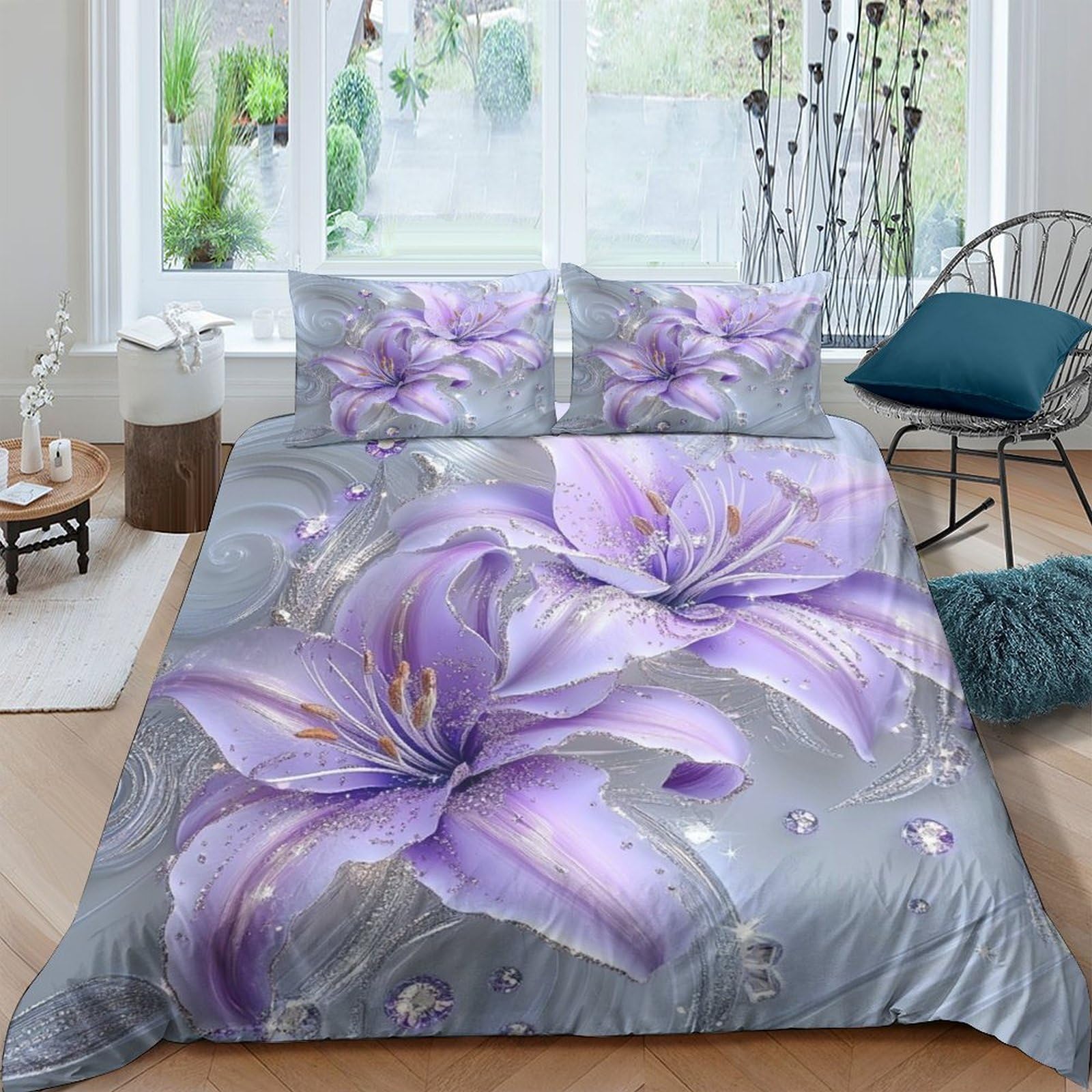 Ctjqhvkz Style-2 3D Printed Purple Lily Fitted Sheet Microfiber Soft Floral Grey Mattress Cover For Bedroom Guest Room Easy Care Single（135X200cm）
