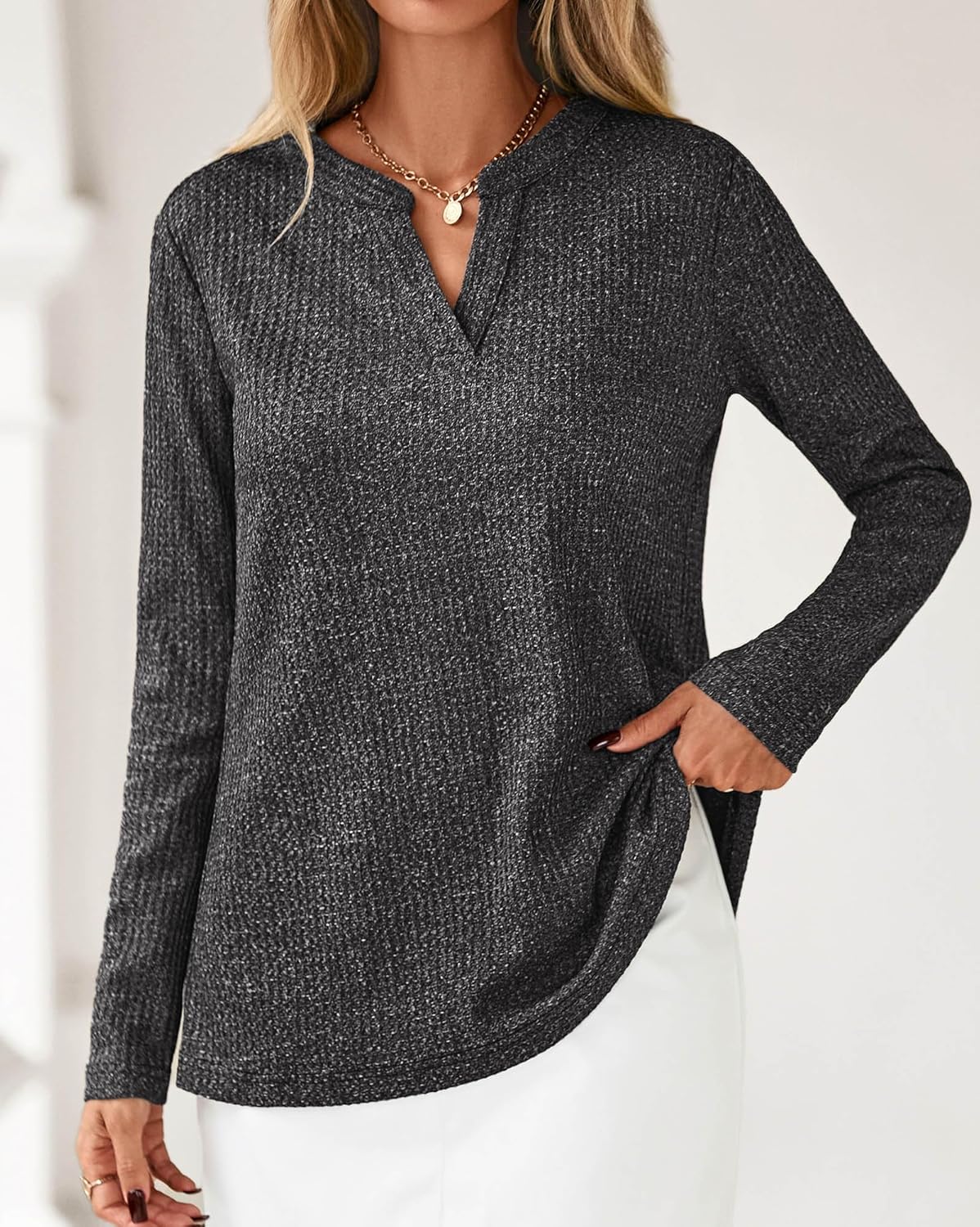 KIRUNDO Waffle Knit Tops V Neck Long Sleeve Blouses for Women Dressy Casual Henley Work Shirts 2026 Spring Fall Clothes - Image 3