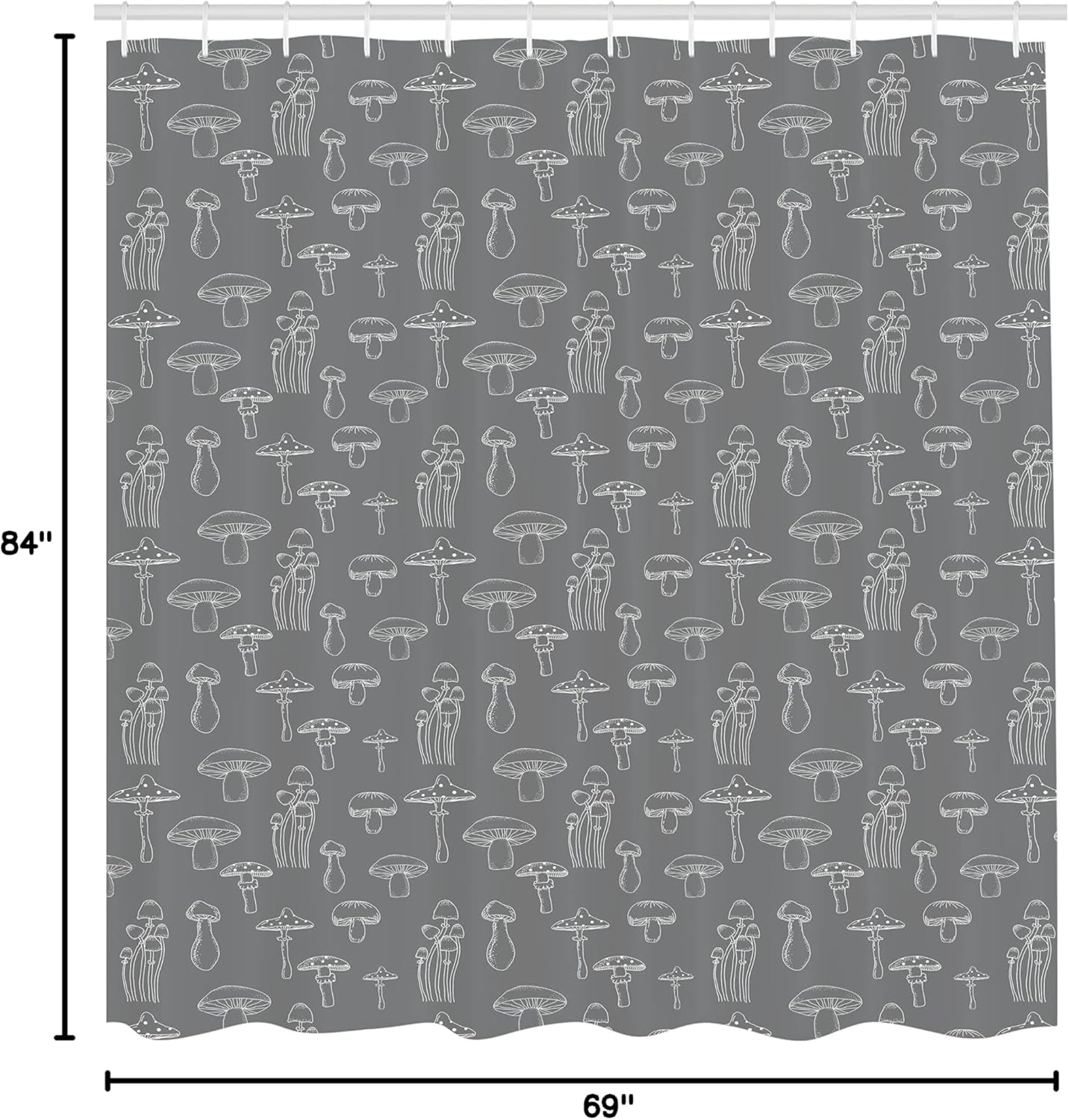 Ambesonne Mushroom Shower Curtain, Monochrome Digital Pencil Drawing Magic Garden Produce Sketch Illustration Art, Cloth Fabric Bathroom Decor Set with Hooks, 69" W x 84" L, Dimgray White