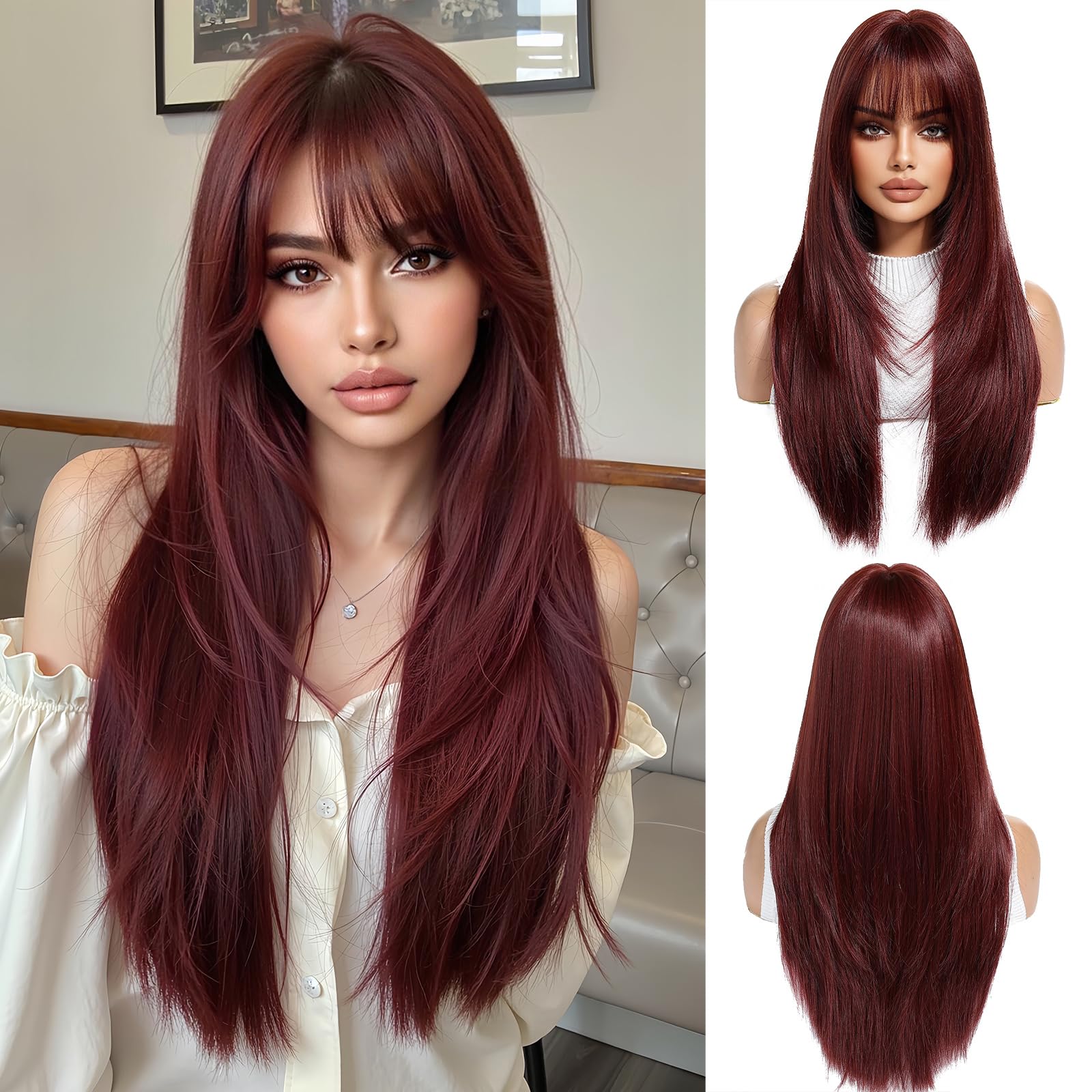 OUFEI Wine Red Wigs for Women with Bangs Long Natural Straight Synthetic Hair Heat Resistant Wigs for Daily Party Cosplay Wear