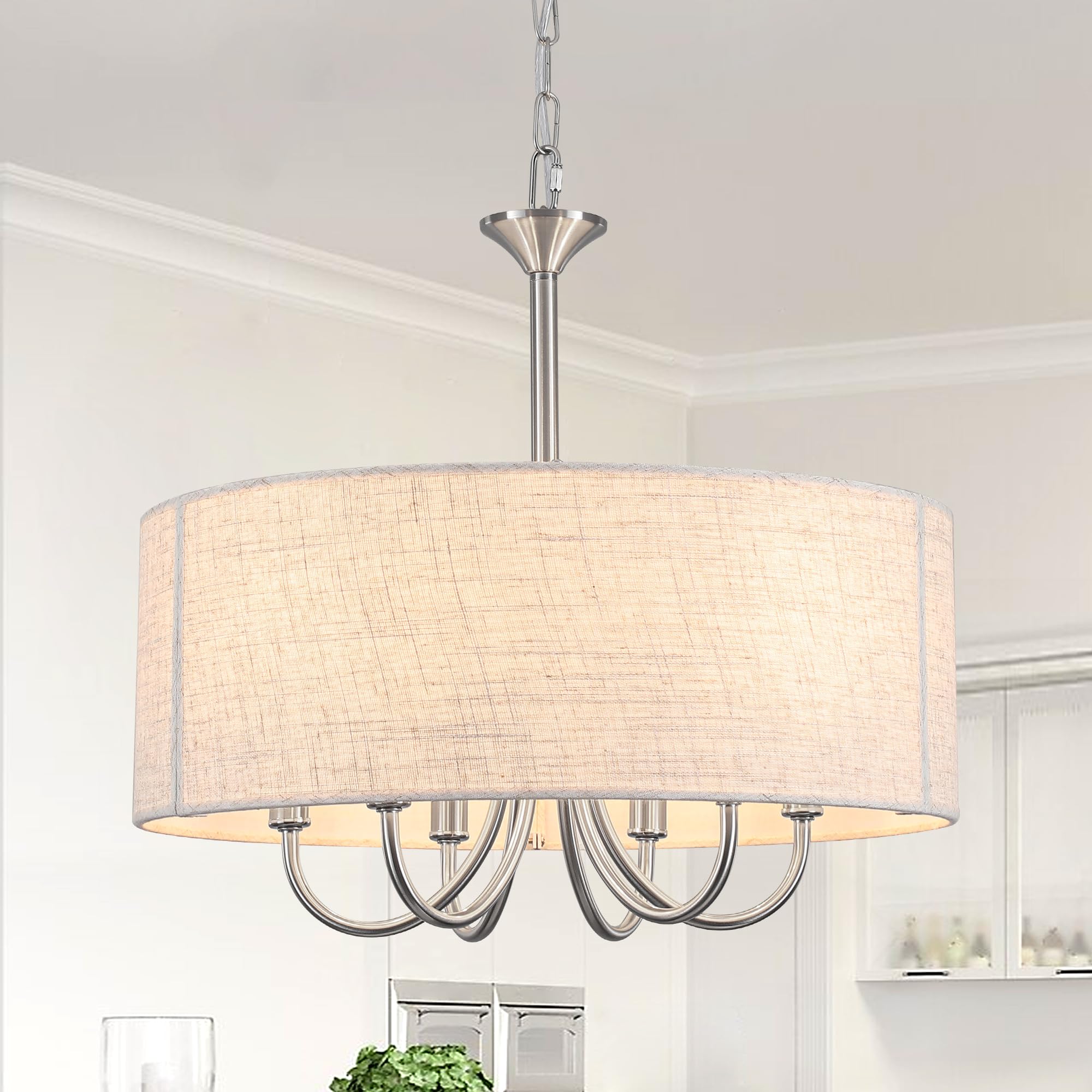 LWYTJO Silver Chandeliers Ceiling Light, Modern 6 Lights Round Drum Chandelier, Kitchen Lights Ceiling Pendant Ceiling Fitting for Bedroom Living Room Dining Room Island Hallway Foyer
