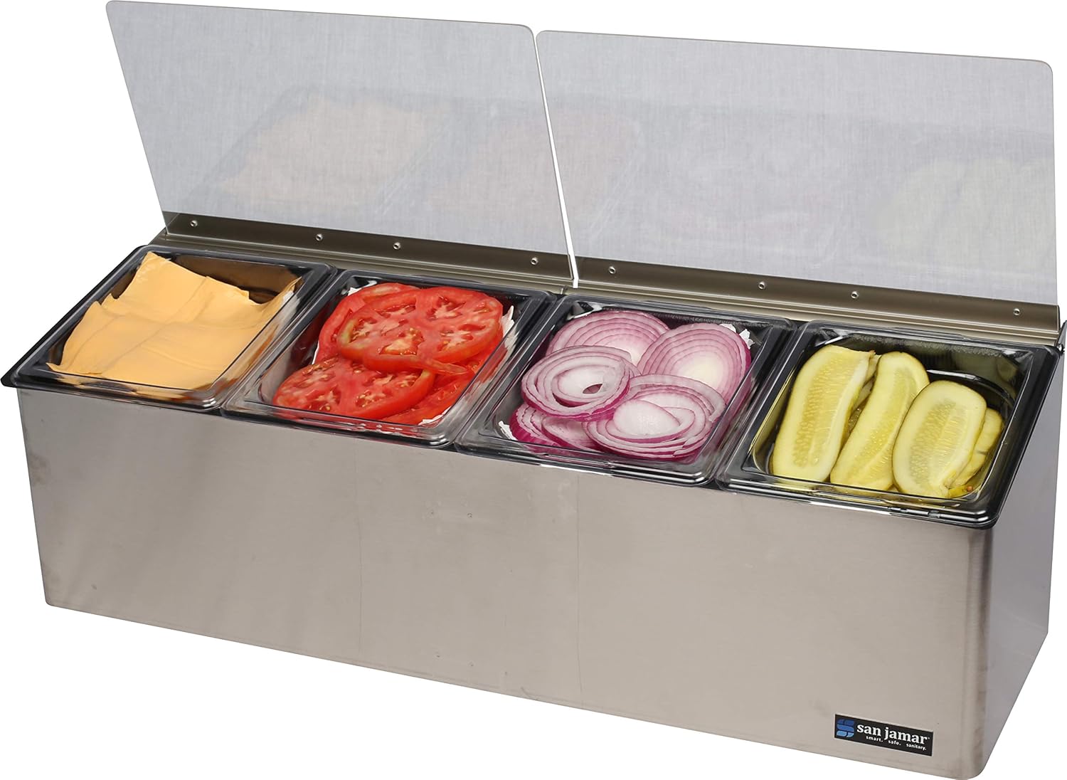 San Jamar Ez-Chill Food Prep Center Self-Service with Hinged Lid for Bars, Restaurants, And Kitchens, Stainless Steel, Four 1/6 Size Pans, Silver