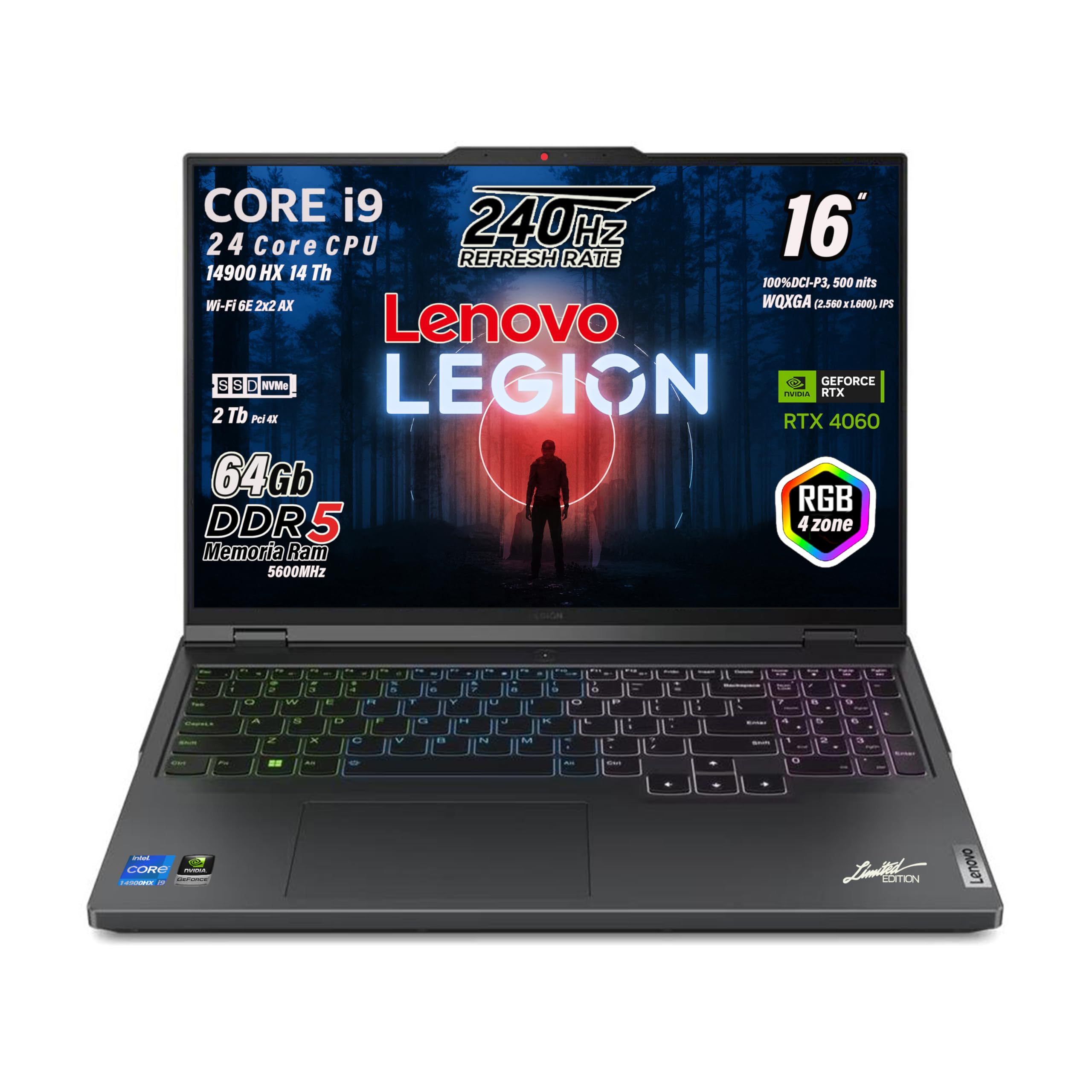 Lenovo Legion PRO5 Notebook Gaming, Intel Core i9-14900HX 24Core, RAM DDR5 64Gb, SSD 2TB (2 x 1Tb) Display 16" 100% DCI-P3, 500 nits, 240 Hz, RTX 4060 8Gb, Tastiera QWERTY RGB 4Zone, Win 11 Pro