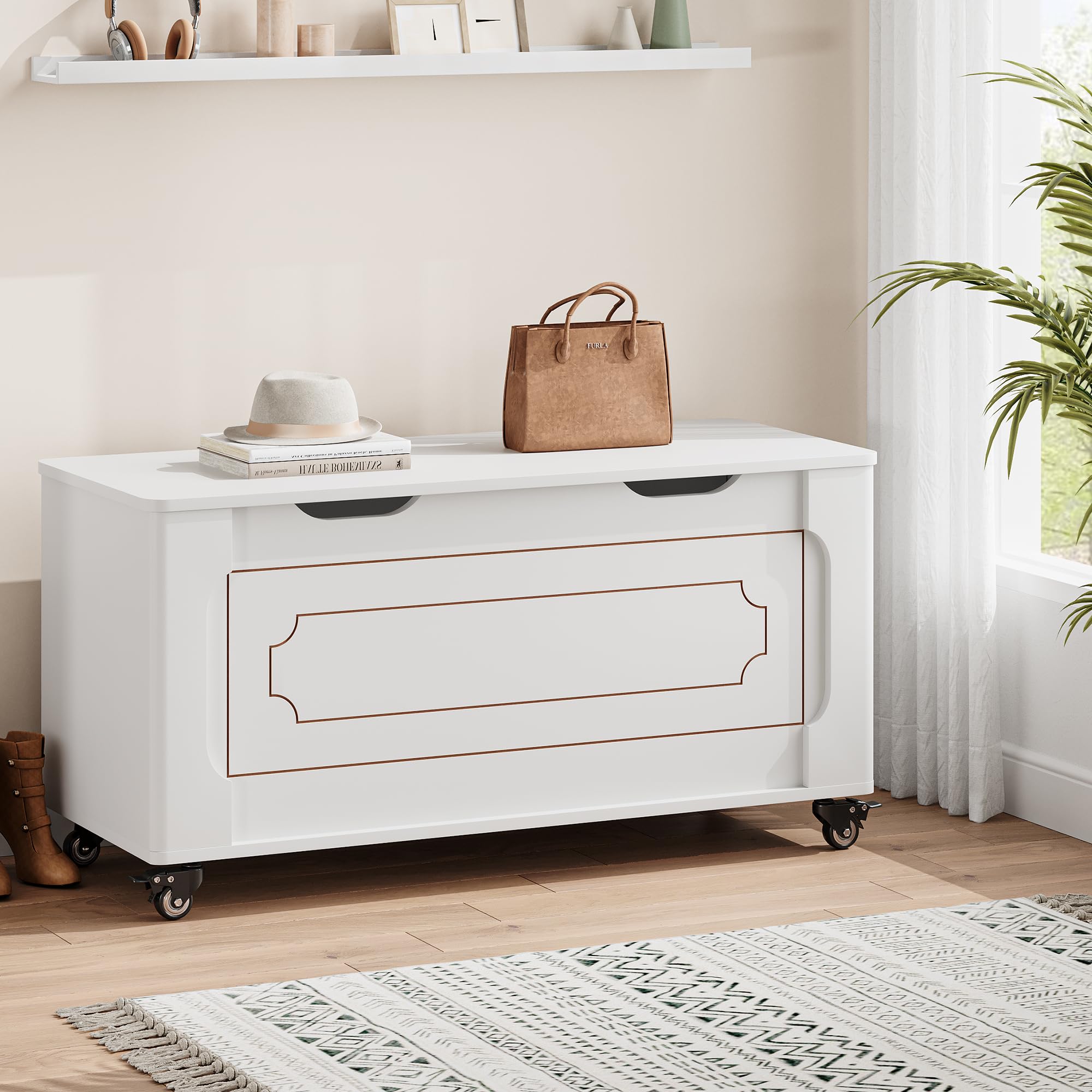 Garvee Sitzbank mit Stauraum – 100 cm Holz-Aufbewahrungsbank mit Rollen, Sicherheits-Scharnieren, bis 160 kg belastbar, abgerundete Ecken & U-Ausschnitt – Moderne Truhe für Flur, Wohnzimmer