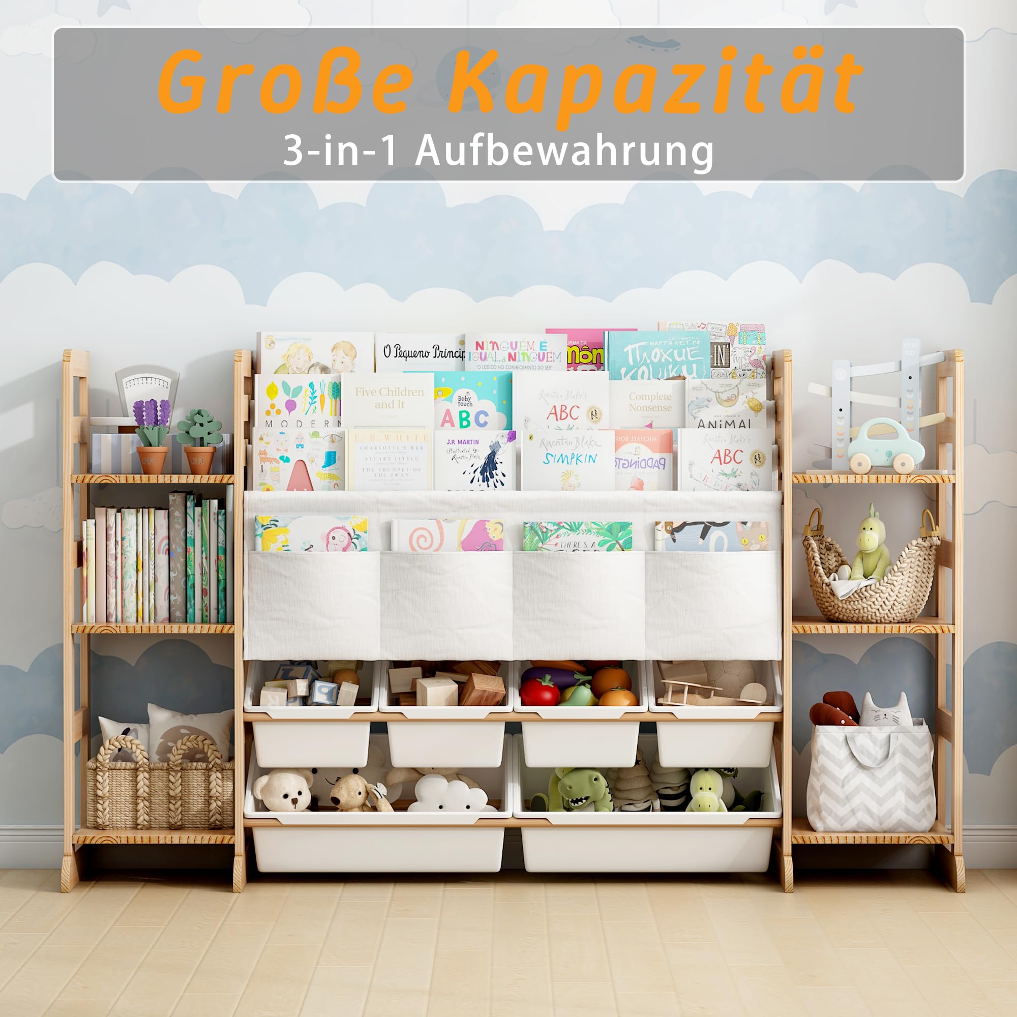 EstanterÍa Infantil para Juguetes y Libros para Juguetes con 4 Compartimentos de Tela Oxford, Estantería Infantil de Madera Maciza con 6 Caja de Almacenamiento, Organizador de Libros