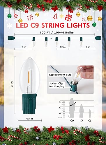 Miniatura 2 de Luces LED vintage C9 de Navidad, cadena de luces C9 de 25 pies con 25 bombillas LED C9 de plástico, luces impermeables conectables al aire libre