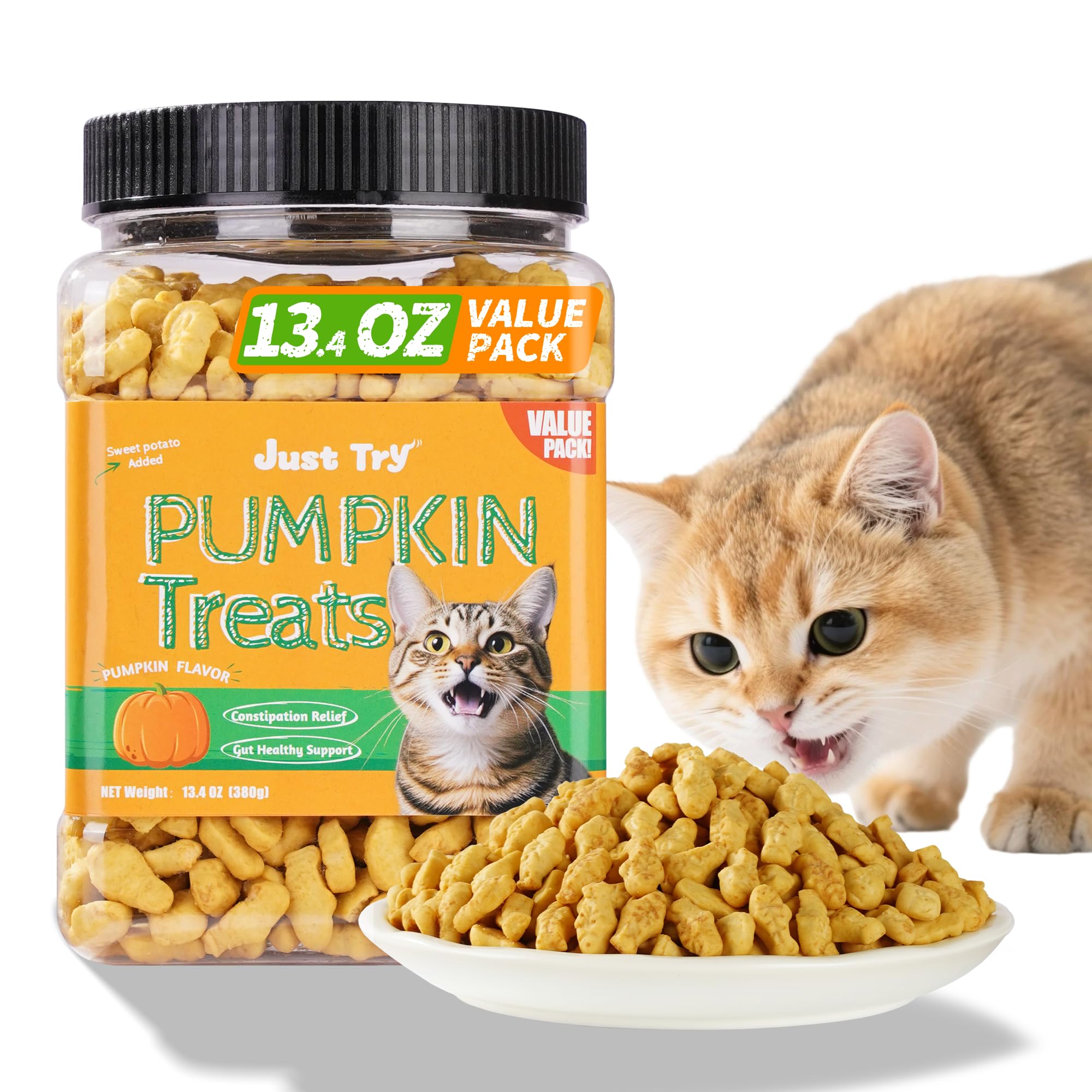 Just Try 13.4 OZ Pumpkin Cat Treats Cat Constipation Relief Hairball Control Healthy Salmon Snacks Training Biscuits Treats for Digestive Support Low Calorie Kitten Snacks