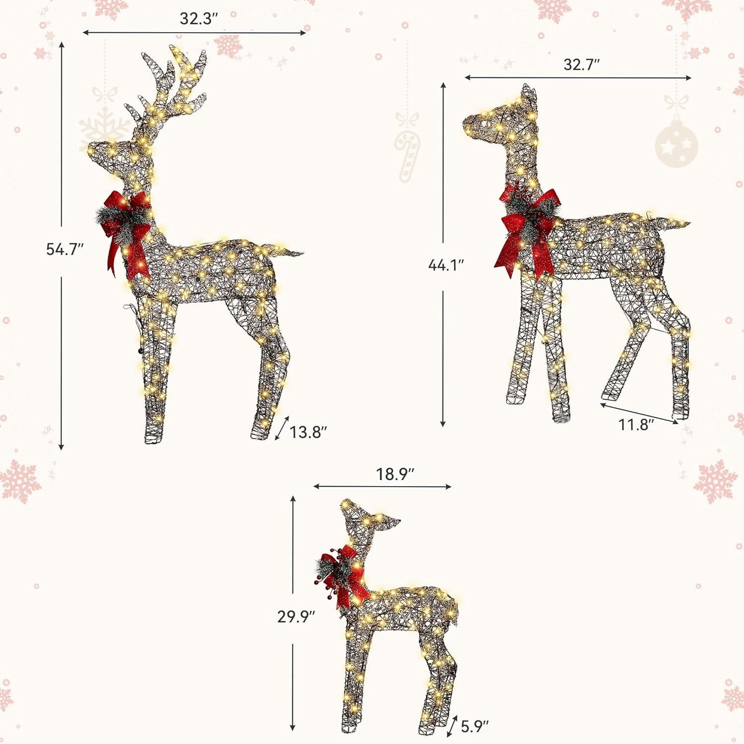 3-Piece Large Pre-Lit Christmas Deer Family Set Outdoor Yard Decorations, 55" Tall Frosted Rattan Deer Lighted Holiday Displays with 350 Warm LEDs, Stakes & Zip Ties for Front Door Garden Lawn