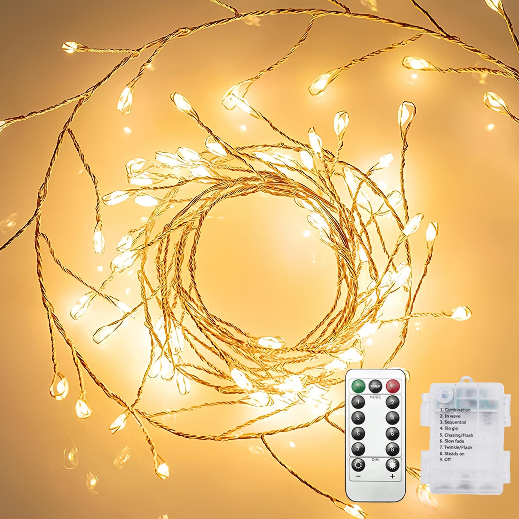 Clearhill 2Pack Battery Fairy Lights with Remote Control, 19ft/6M 200LED Warm Firecracker Lights, 8 Modes, Waterproof Copper Wire String Lights for Bedroom, Wedding, DIY, Garden Decor