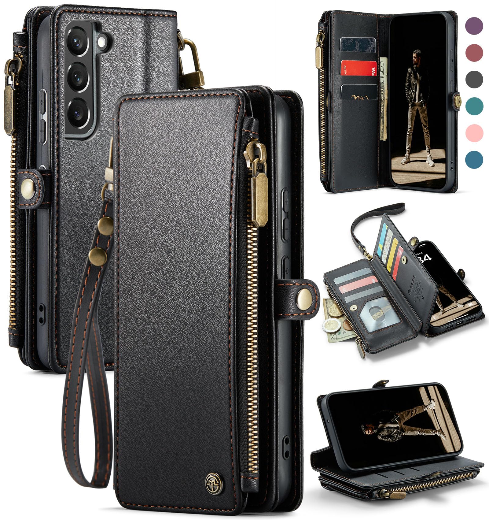 Defencase Compatible with Galaxy S21 FE 5G Case Wallet with RFID Blocking Card Holder for Women Men, PU Leather Magnetic Snap Flip Zipper Strap Phone