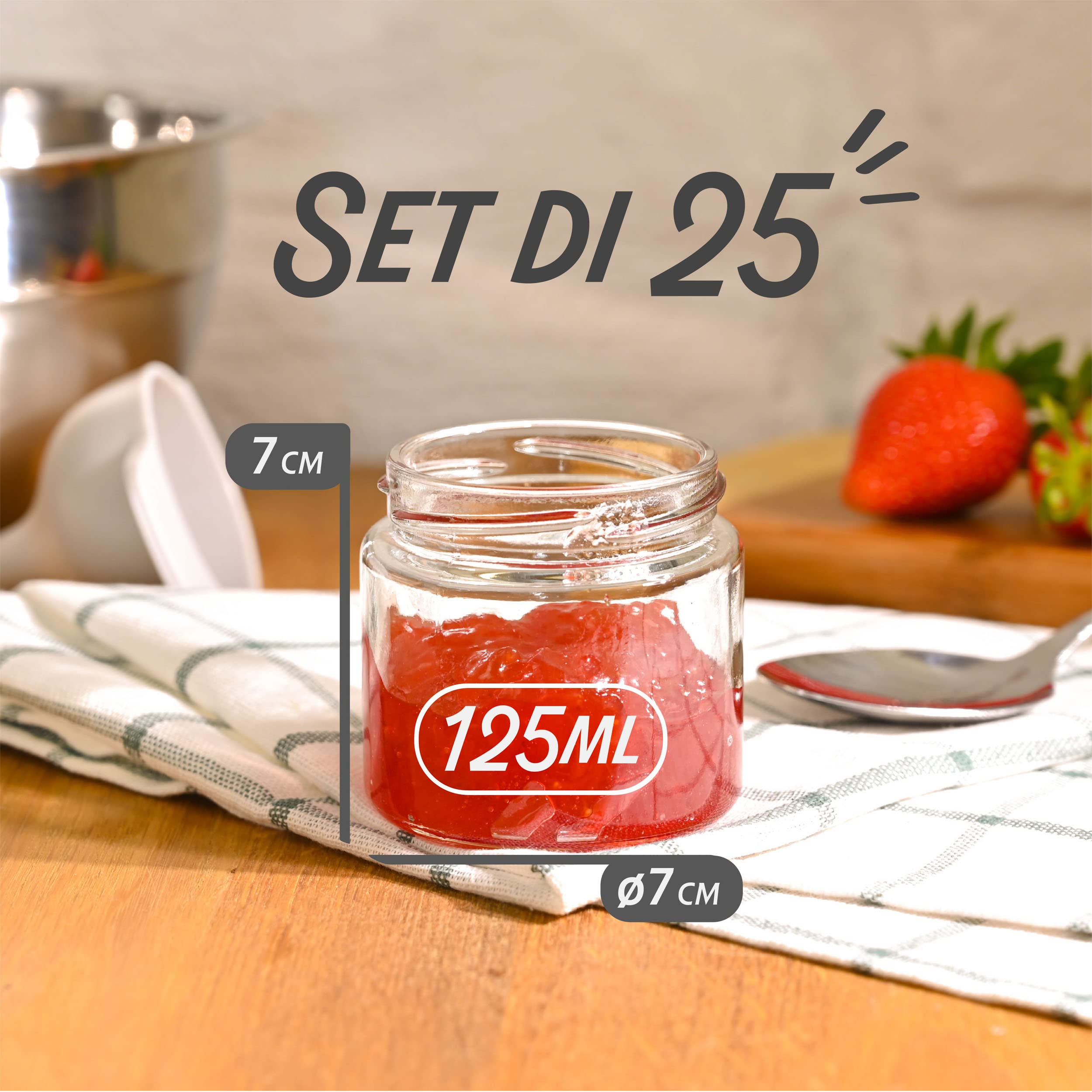 Vasetti Vetro 125 Ml Con Coperchio - 25 Pezzi Per Conserve, Marmellate E Bomboniere