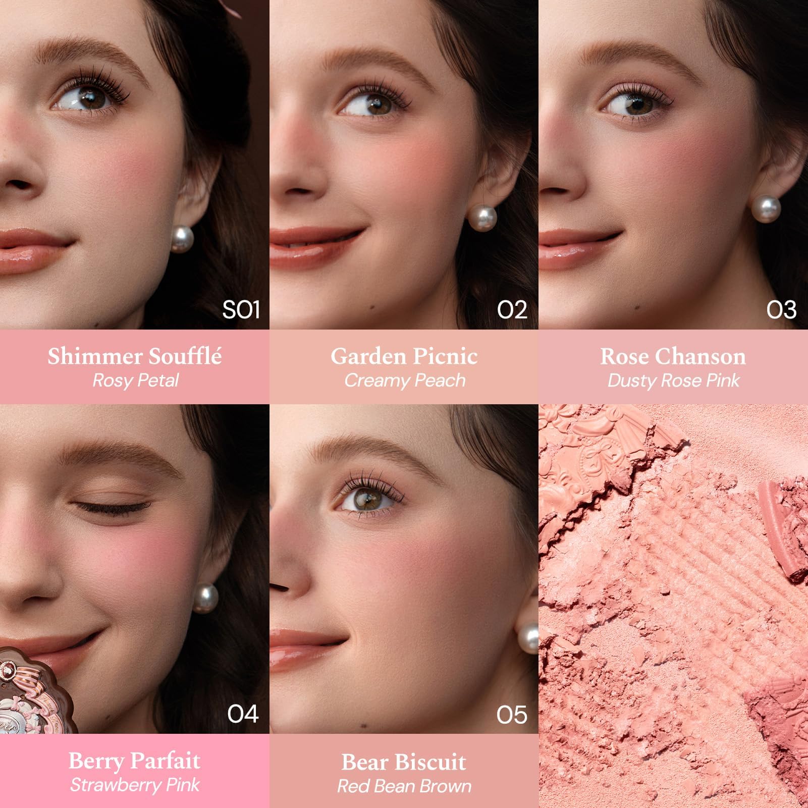 La collection Sweetie Bear Blush satiné en soie, blush poudre rose pêche scintillant pour les joues Flower Know, maquillage pour le visage modulable et estompable, doux et longue tenue (Garden Picnic)