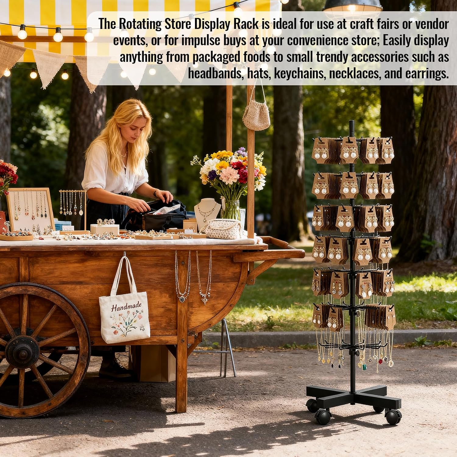Rotating Display Stand 7 Tier & 200PCS Cards, Retail Display Rack for Ornament Earring Keychains Jewelry Vendor Events, 360° Spinning Display Spinner Movable and Adjustable