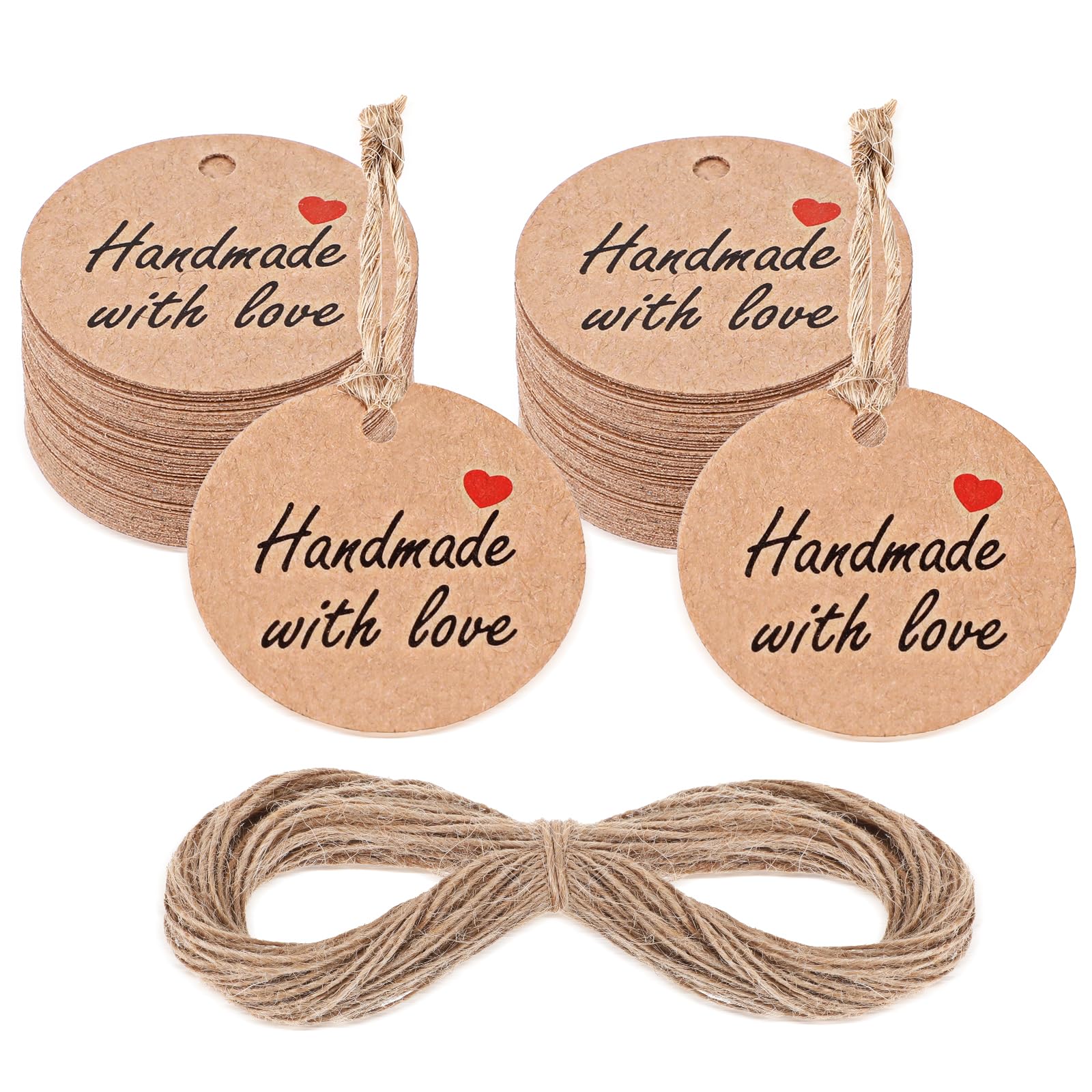 Ymapinc 100Pcs Handmade with Love Tags, Craft Tags with String(66ft 20m) Gift Love Stamp for Candle Labels Wedding Birthday Party Gift Favors - Yellow Paper