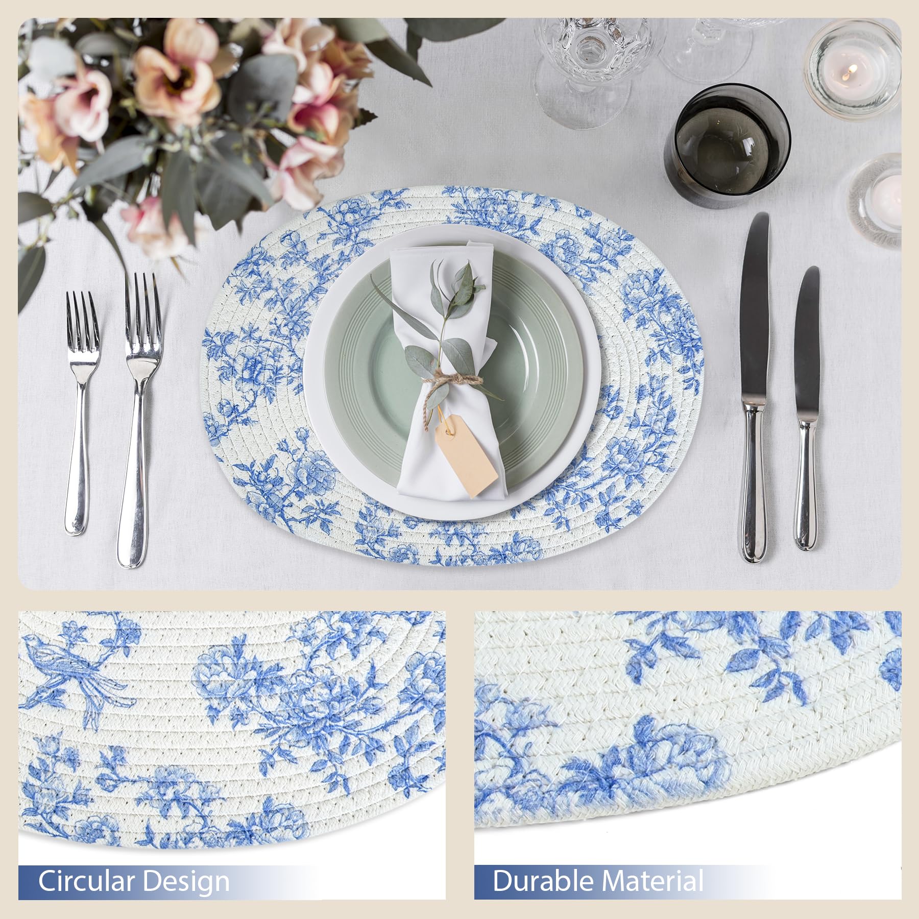 6 manteles individuales ovales tejidos,Patrón de porcelana azul y blanco de algodón cuerda de algodón manteles individuales,Accesorios lavables y hechos a mano para la mesa de comedor,manteles