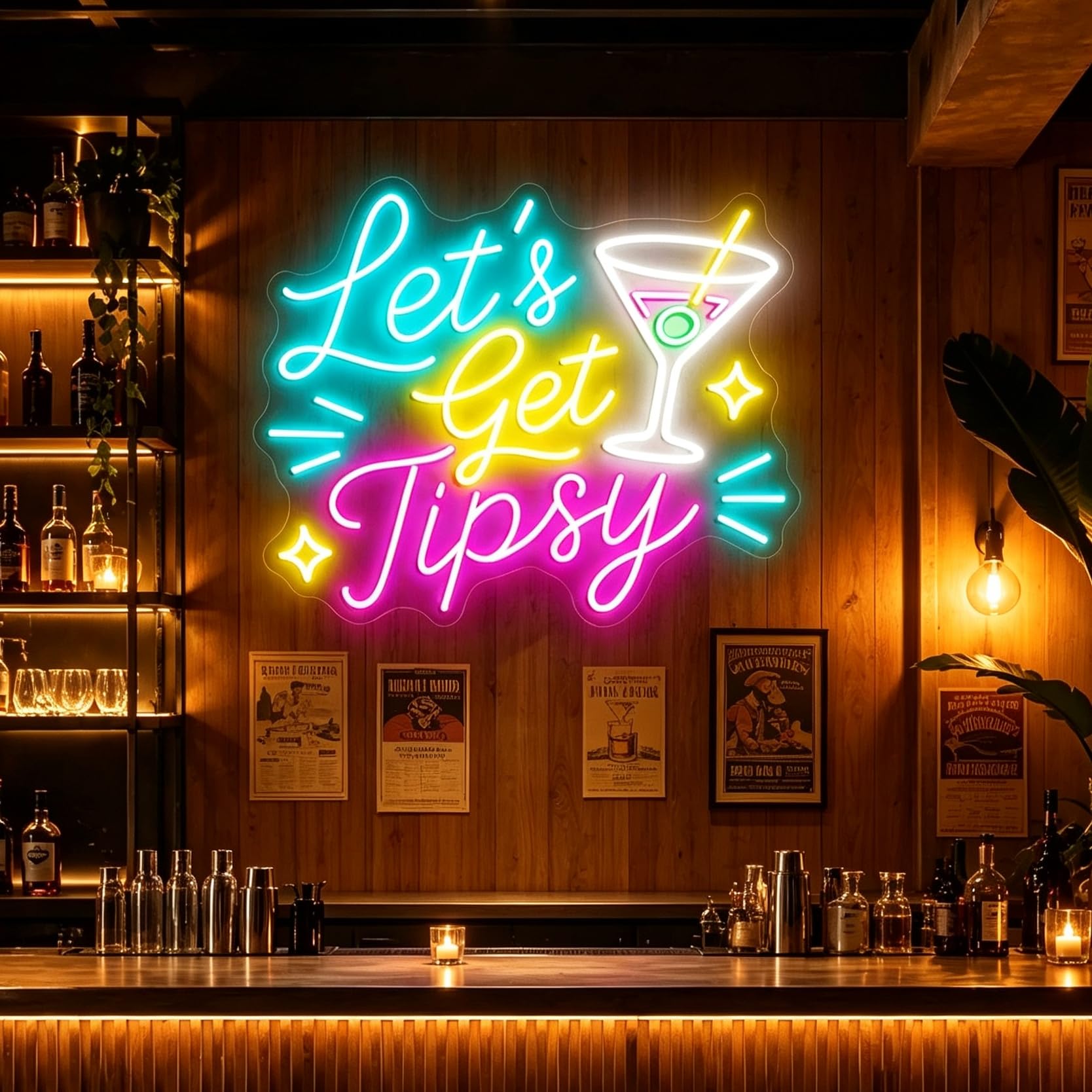Let's Get Tipsy neonowy znak kolorowy koktajl LED neonowe światło | Dekoracja ścienna zasilana przez USB do domowego baru, pubu, męskiej jaskini, imprezy