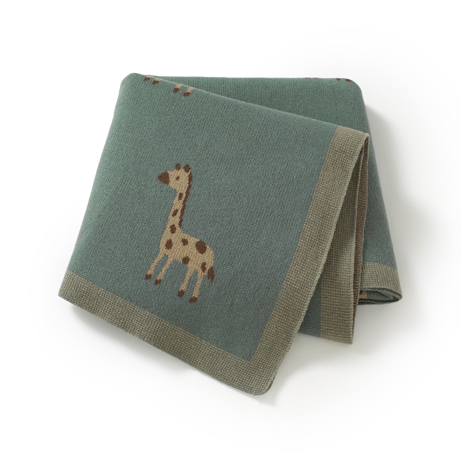 LAWKUL Baby Blanket, Organic Cotton Knitted, Giraffe Pattern, 100x80cm, Soft Newborn Receiving Blanket for Boys and Girls (Dark Green)