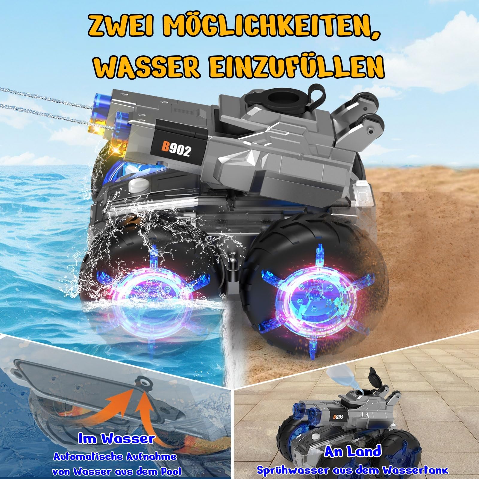funnykid Véhicule amphibie télécommandé 3 en 1 avec canons à eau, IPX7