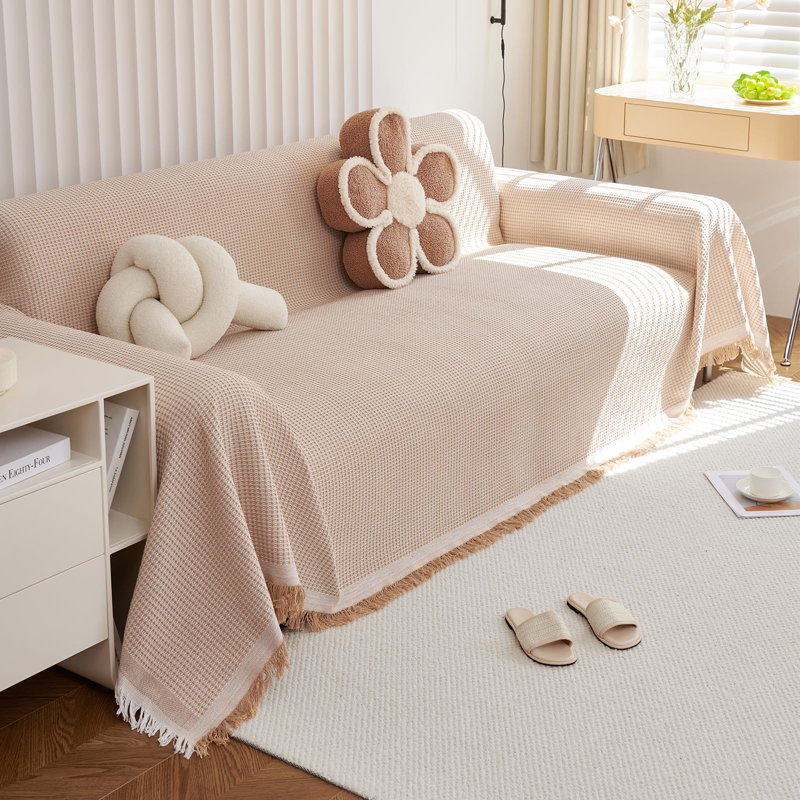 Funda Sofa,Funda Sofá Gofre Color Sólido, Cubre Sofa Chaise Longue, Funda de sofá Lavable para Todas Las Estaciones 180 * 300cm-Caqui