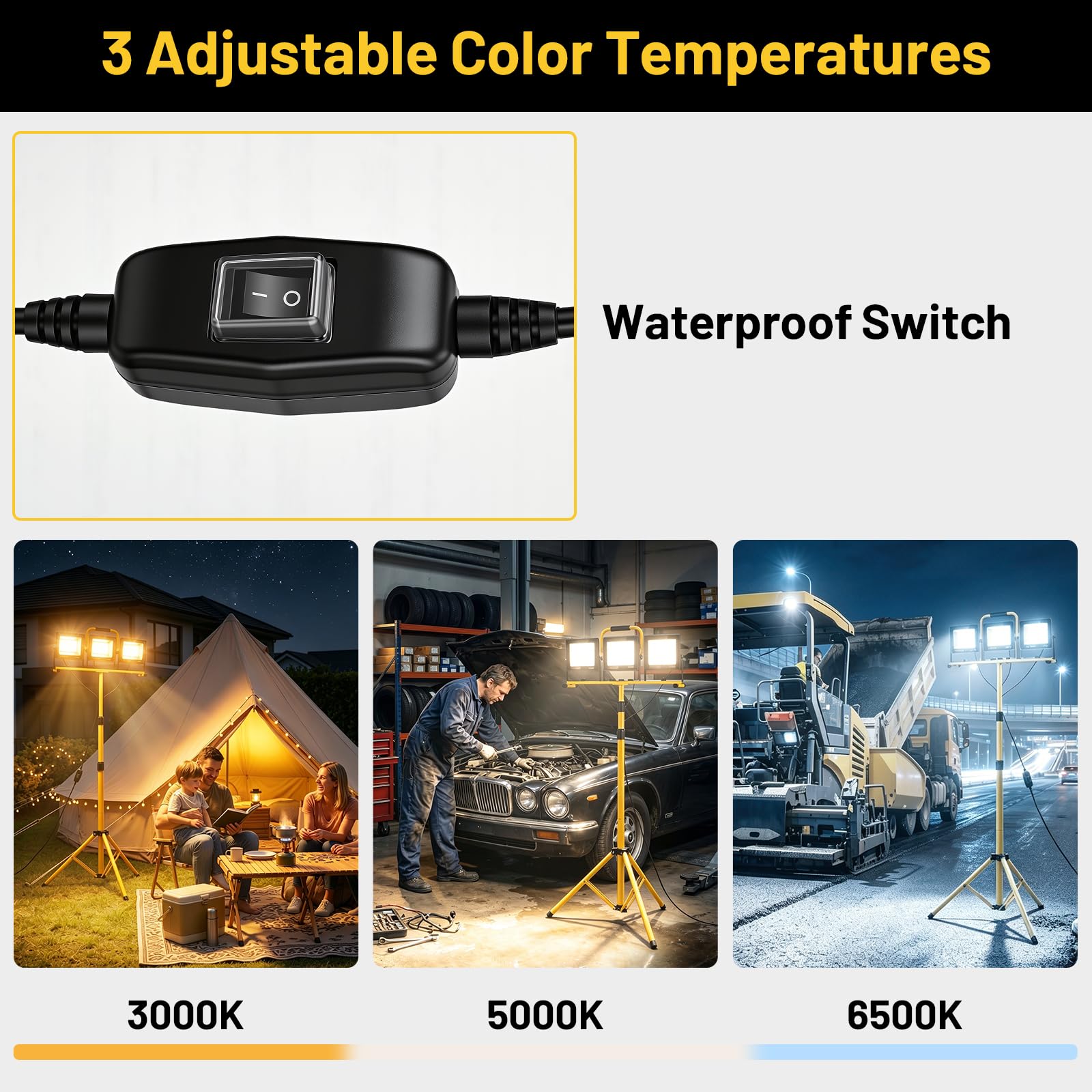 Yofuly 3x 100W Foco LED de Trabajo, 3 Modos de Temperatura de Color, Foco de Construcción 23.000 LM con Trípode Telescópico Ajustable, Foco para Obras IP66 Impermeable, Cable de 5M para Exteriores