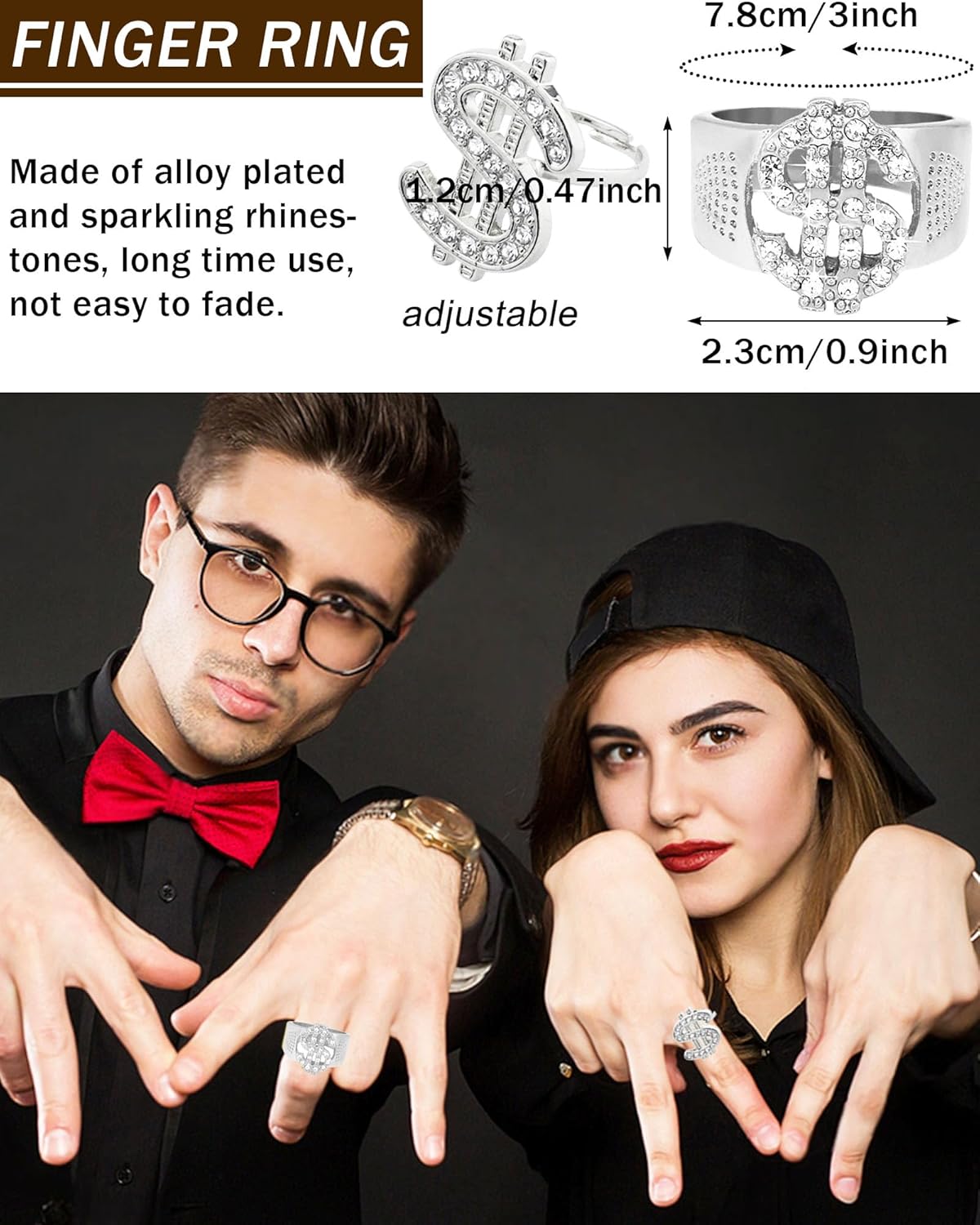 6Pack 90s 80s Hip Hop Costumes Kit for Men 2000s Y2K Sunglasses Rings Hat Rapper Outfit Accessories for Themed Party - Image 3