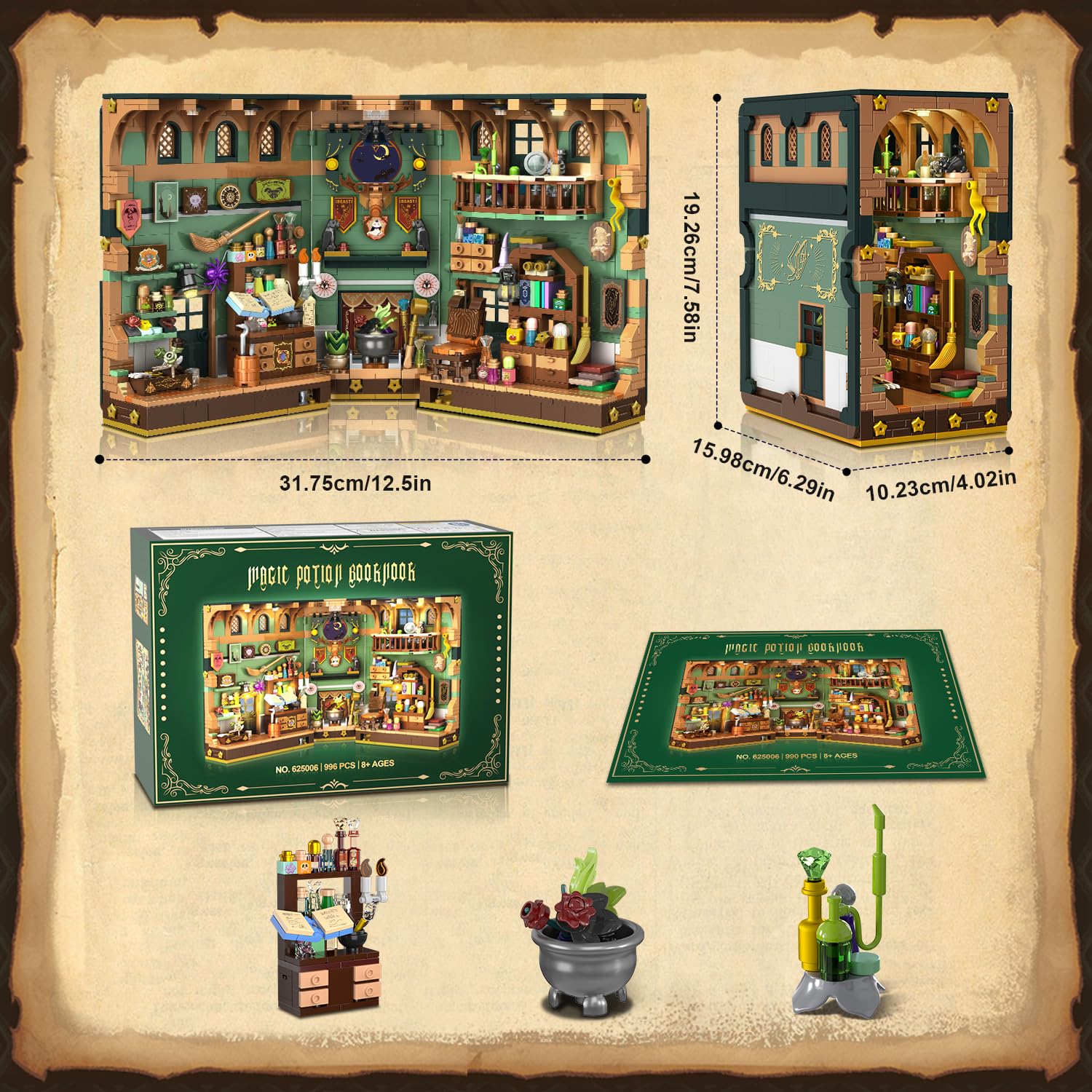 Magic Potion Booknook Building Set with Light, DIY Bookend Building Block Kit for Home Decor Bookshelf, 990 PCS Miniature Book Nook House Building Brick Model for Adults Kids Boys Girls Age 8+