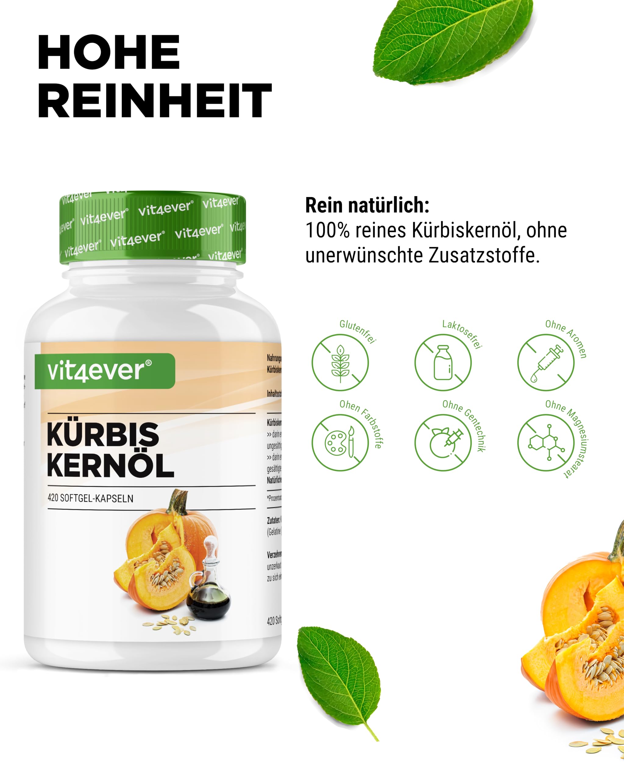 vit4ever Kürbiskernöl - 420 Kapseln - 3000 mg pro Tagesportion - Mit natürlichem Vitamin E - Hochdosiert - Naturbelassen & kaltgepresst - Laborgeprüft