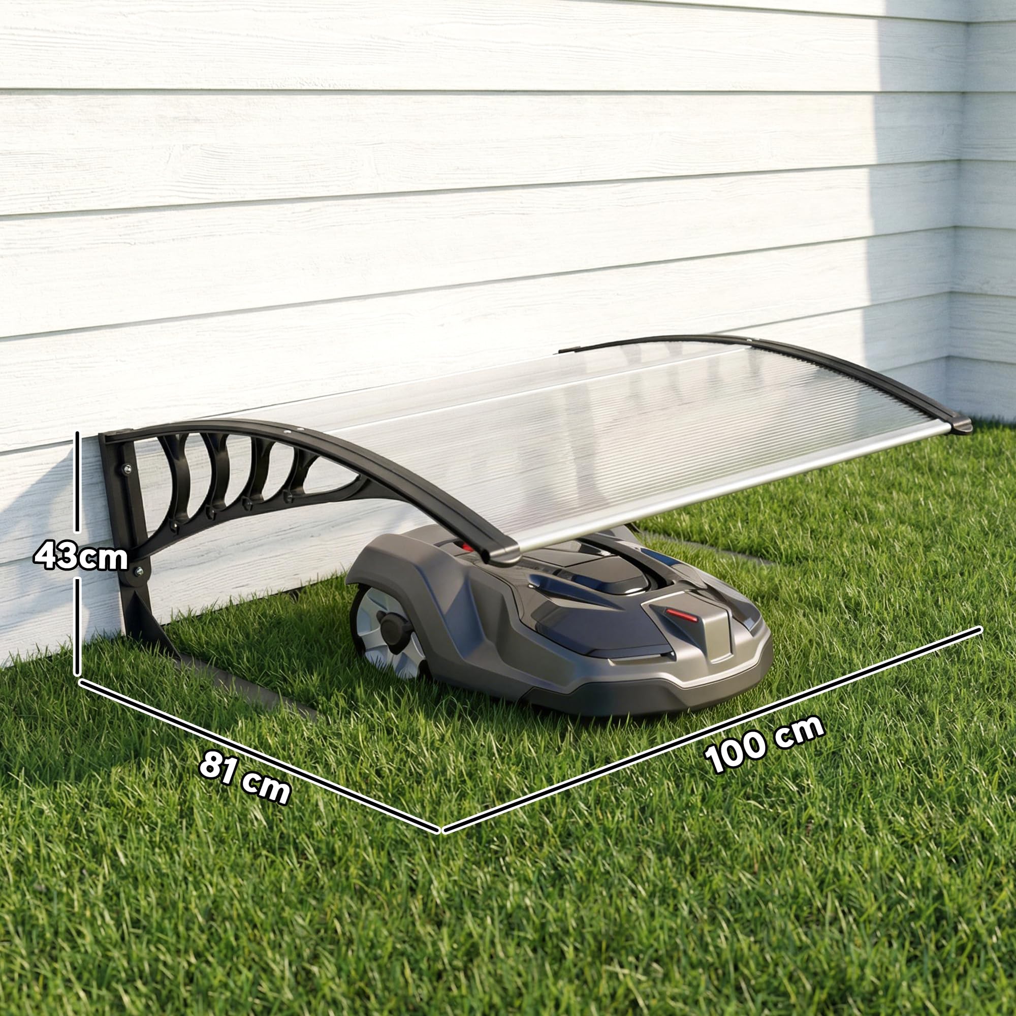 Outsunny Garage per Robot Tagliaerba con Struttura in Alluminio, Copertura Robot Tagliaerba in PC per Protezione da Pioggia, Neve e Raggi UV 30+, 100x81x43 cm, Bianco