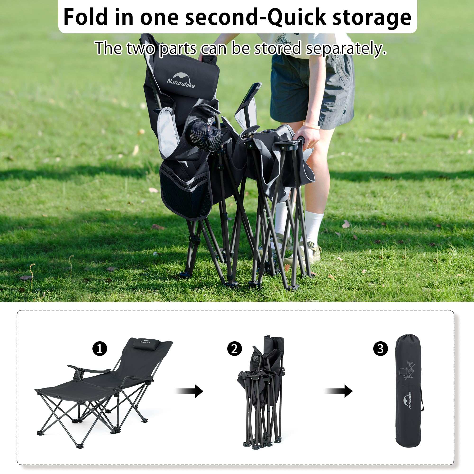Naturehike 3-in-1 Camping-Klubsessel Liegestuhl Klappbarer Tragbarer Freizeitstuhl Verstellbarer Campingstuhl mit Abnehmbarer Fußstütze/Tisch/Hocker, Kopfstütze, Getränkehalter mit Handtasche