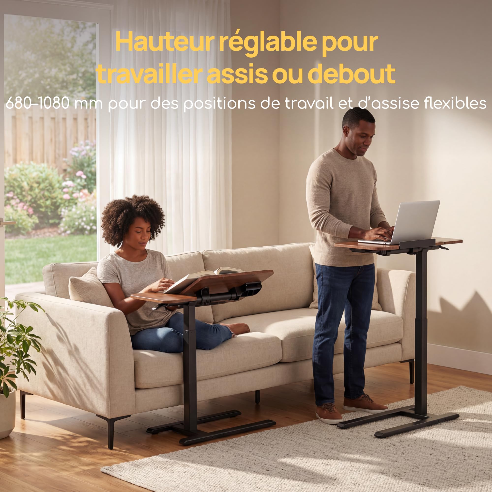 Viviendo Table de lit à roulettes, Marron, réglable 68–108 cm avec vérin à gaz, Table d’appoint avec Plateau inclinable, Table pour Ordinateur Portable, lit, canapé, Salon et Bureau, 70 x 40 cm