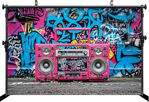 Miniatura 3 de Fondo retro de hip hop de 12 x 10 pies con diseño de grafiti rosa para fiesta temática de los años 80 y 90, celebración de hip hop, decoración de