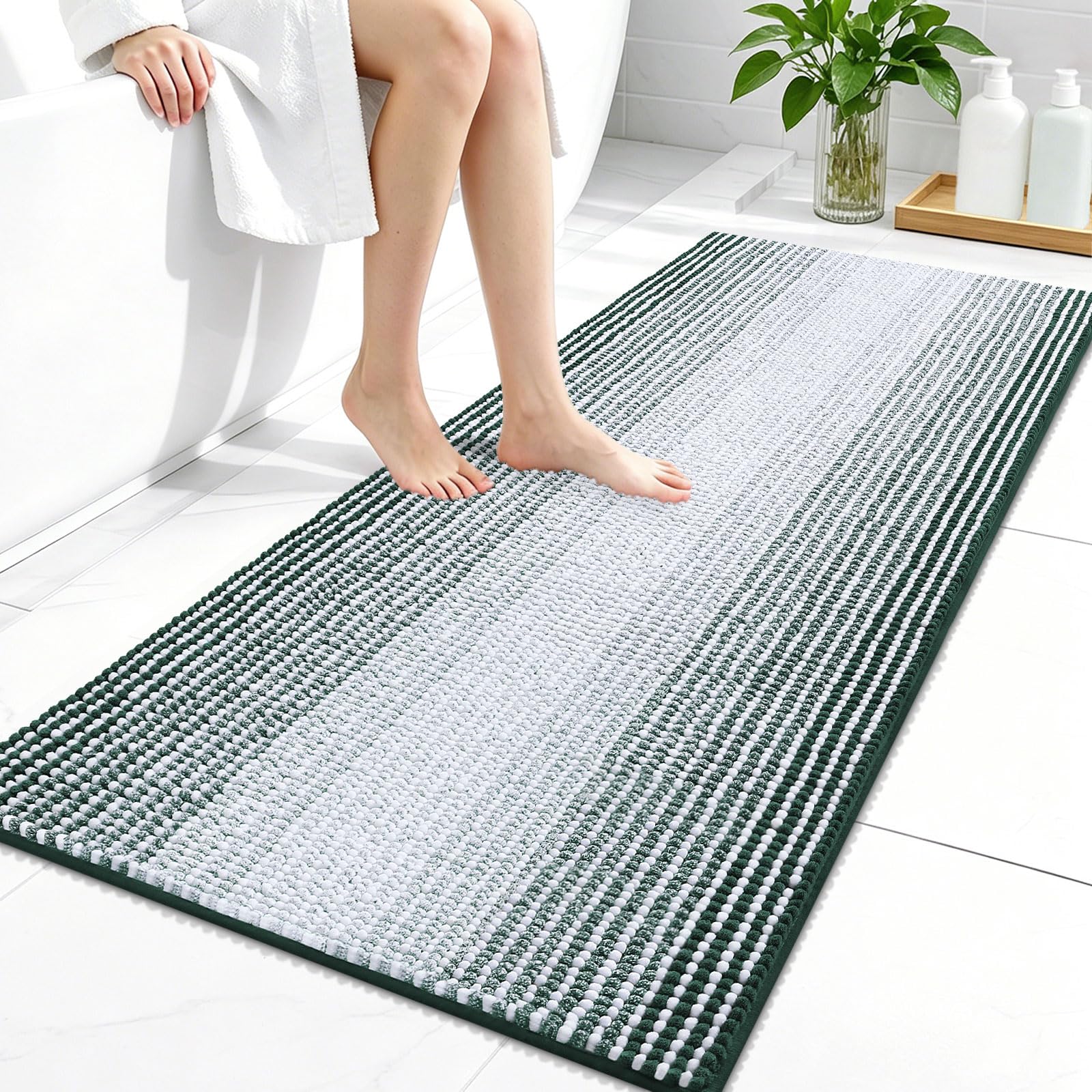 OLANLY Bathroom Runner Rugs 44x24, Soft Chenille Bath Rugs, Blackish Green