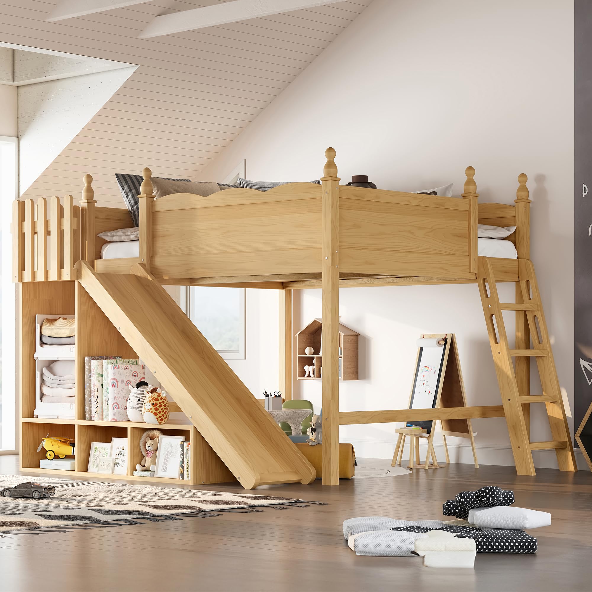 Queen Size Loft Bed with Storage Shelves, Cabinet &amp; Detachable Slide and Ladders, Solid Wood Kids Loft Bed for Space-Saving, Playful &amp; Organized Bedroom (Natural1, Queen)
