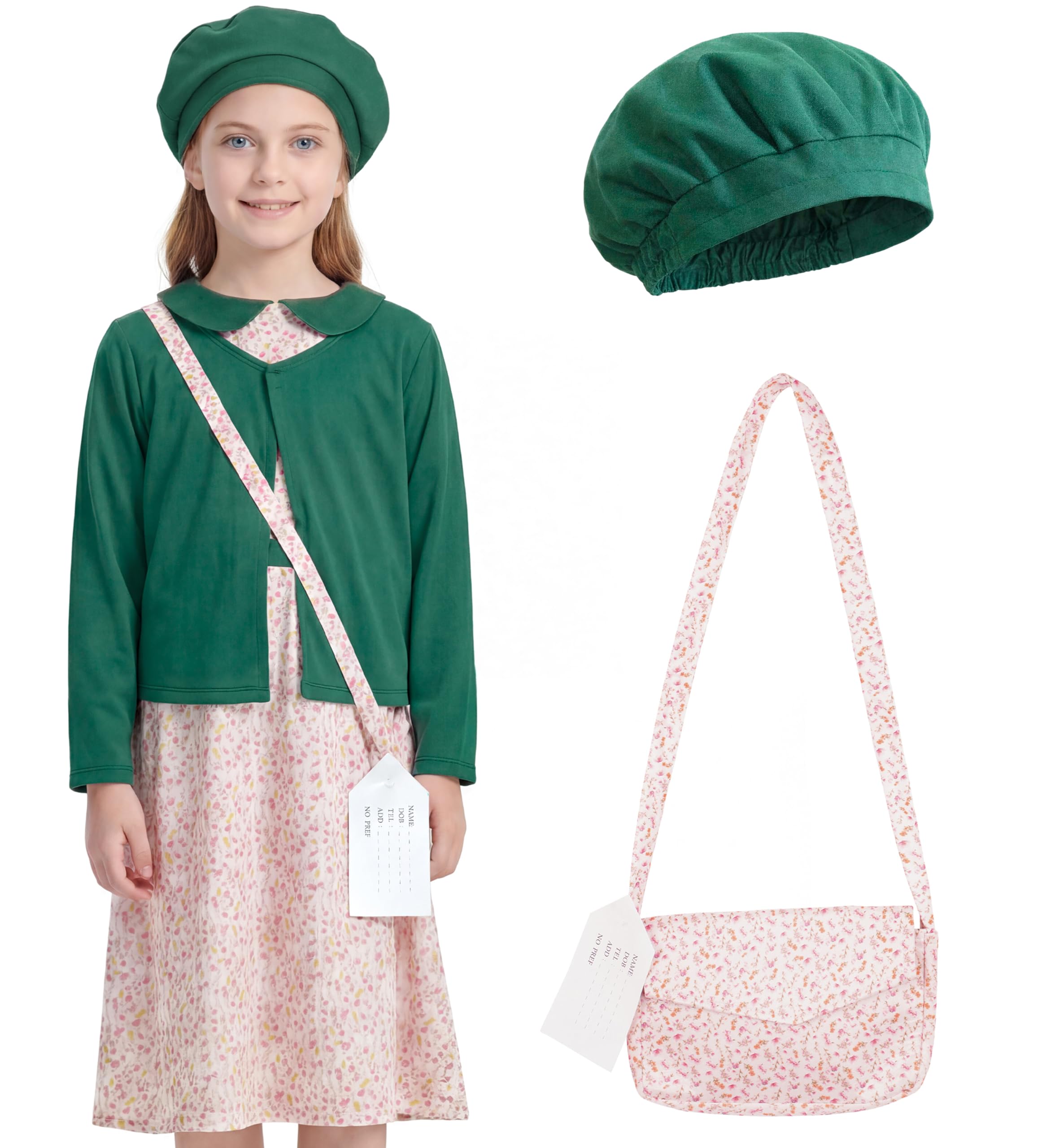 IKALI Girls Evacuee Costume, 4 Pcs VE Day WW2 Costumes 1940s WWII Historical Dresses Outfit Fancy Dress Up for Kids 4-6Y