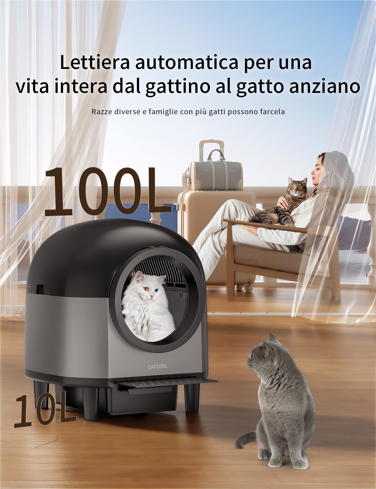 Lettiera Per Gatti Autopulente Intelligente, Lettiera Automatica con 10 Sensori, Lettiera Elettrica da 100 litri con Gradini per più gatti, Controllo Tramite App (nero)