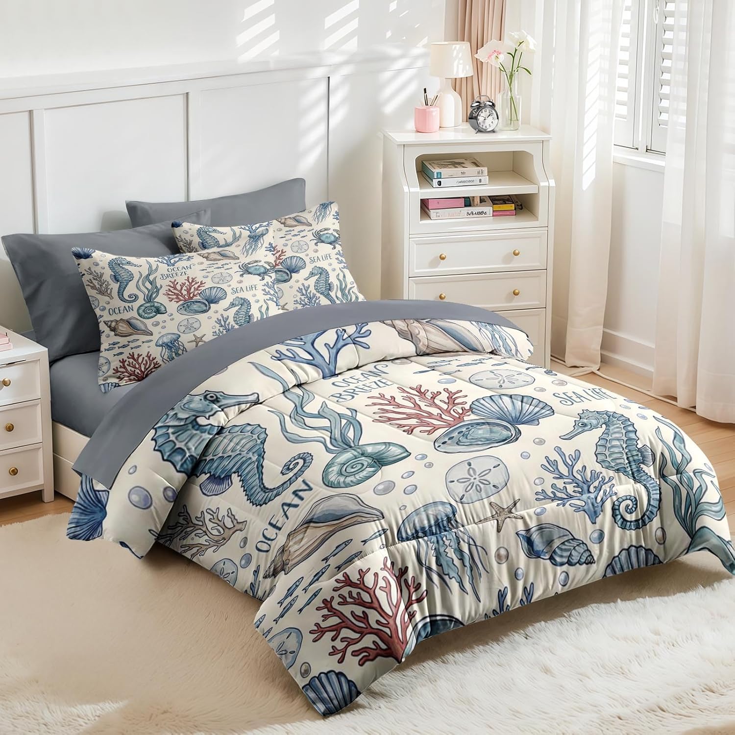 Nesker 7 Pcs Comforter Set Queen Size, Nautical Coastal Seahorse Bedding Set for Kids and Adults, Coral Shell Sea Ocean Bed Sheet Set with Fitted Sheet 2 Pillowcases & 2 Shams