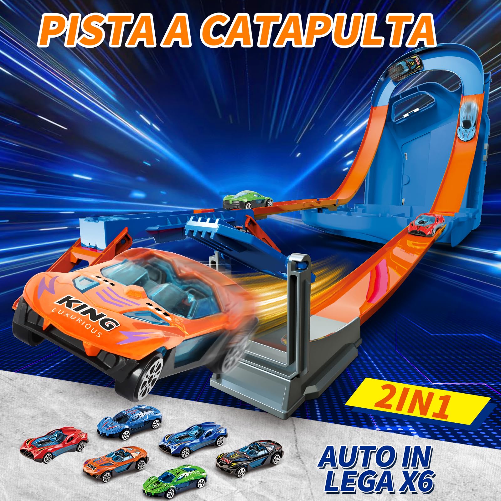 Charmofun Pista Macchinine 2 in1, Giocattolo Piste da Corsa con 6 Auto, Scatola Immagazzinaggio, Piste Macchinine per Bambini con Anello e Binari a U, Portatile Pista per Bambini 3+ Anni (Blu)