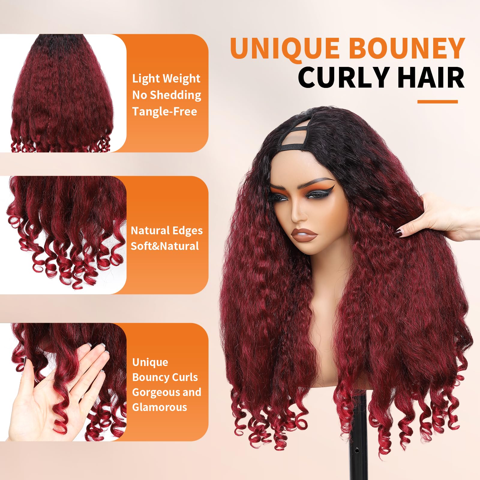 Yacurcur Afro Wig V Part Kinky Curly Wigs for Black Women 180% Density Wear and Go Glueless Wig with Unique Bouncy Curls in the End Synthetic No Leave out Clip in 24 Inch(#DR2-9T2) - Image 4
