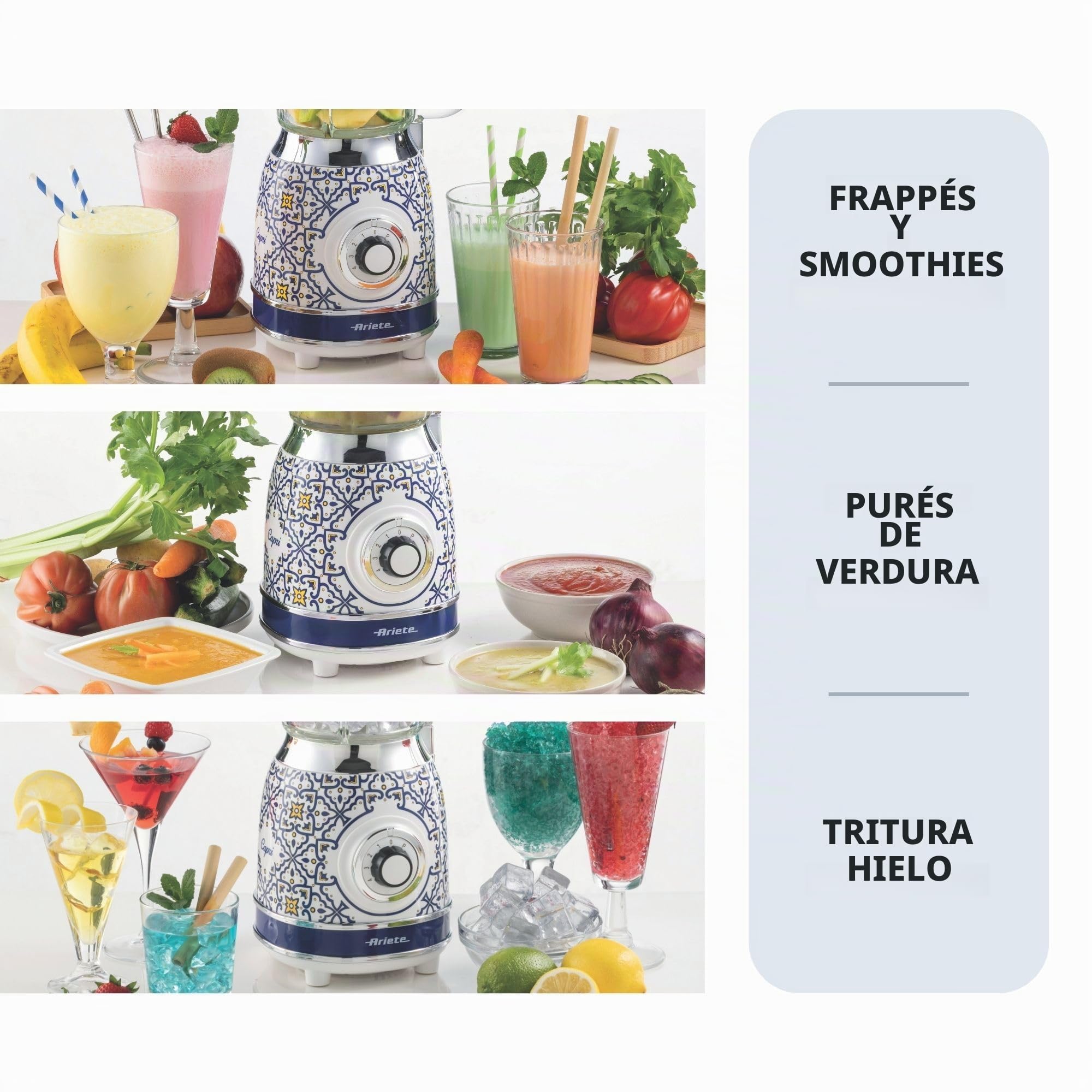 Ariete 583 Capri - Batidora de vaso con vaso de cristal de 1,5 litros, 4 cuchillas de acero inoxidable, 4 velocidades + pulso, 1000 W, cristal azul Capri