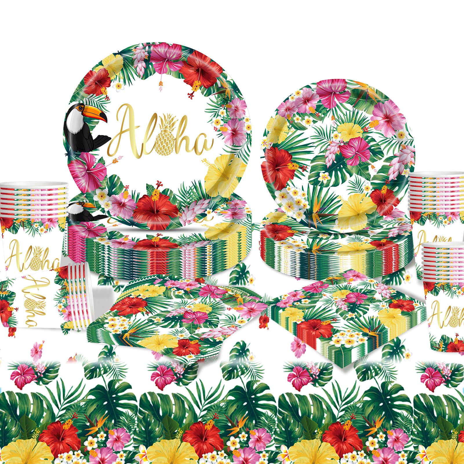 Raveparty Hawaiian Party Supplies Tropical Flowers Flamingo Party Tableware Set for Summer Beach Aloha Hawaii Party Decorations (B)