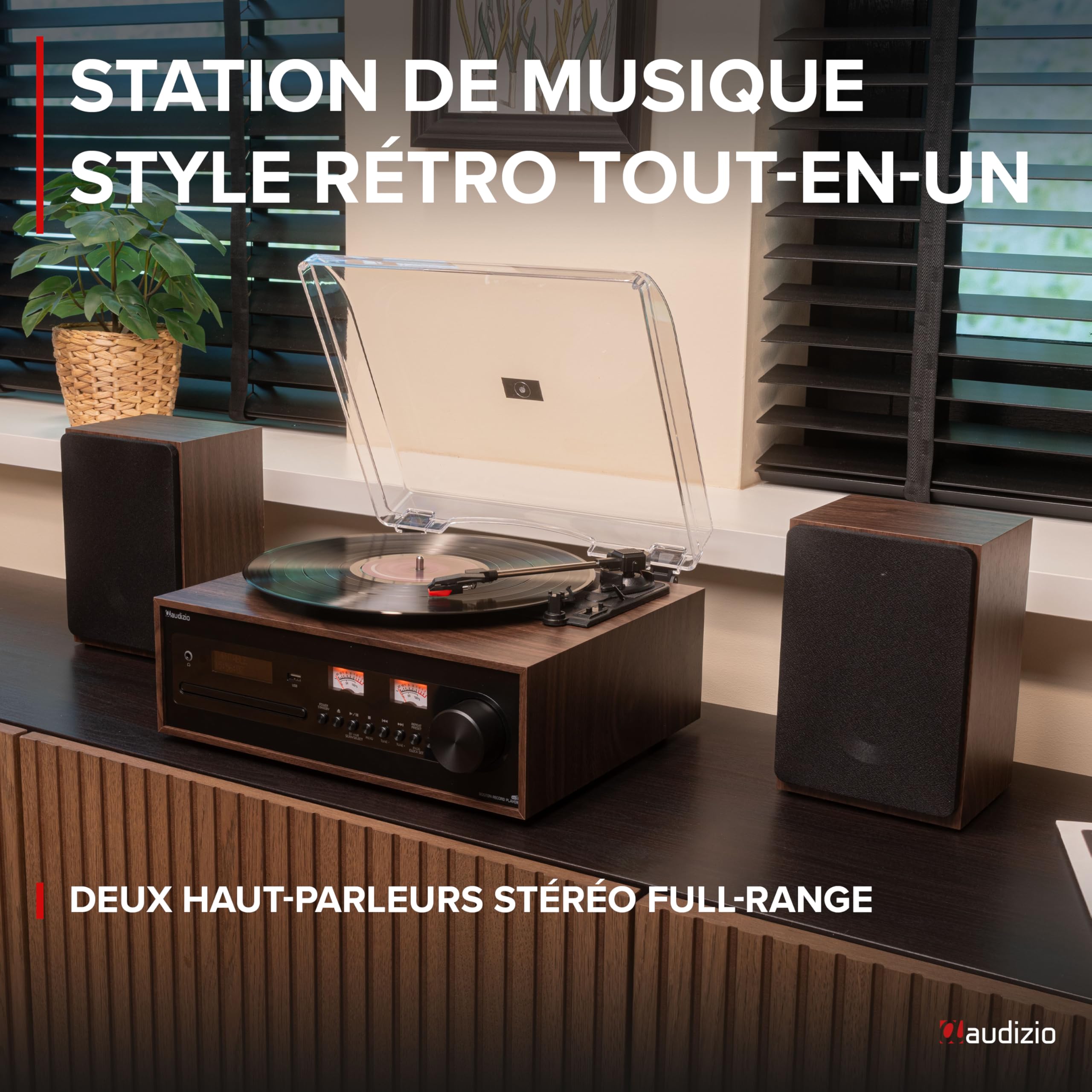 Audizio Boston Platine Vinyle Vintage Stéréo avec Enceintes 50 Watts - Couleur Noyer, BT, Lecteur CD, Radio Dab+, Vu-mètres, Un Tourne-Disque Tout-en-Un pour Les Amateurs de Vinyles