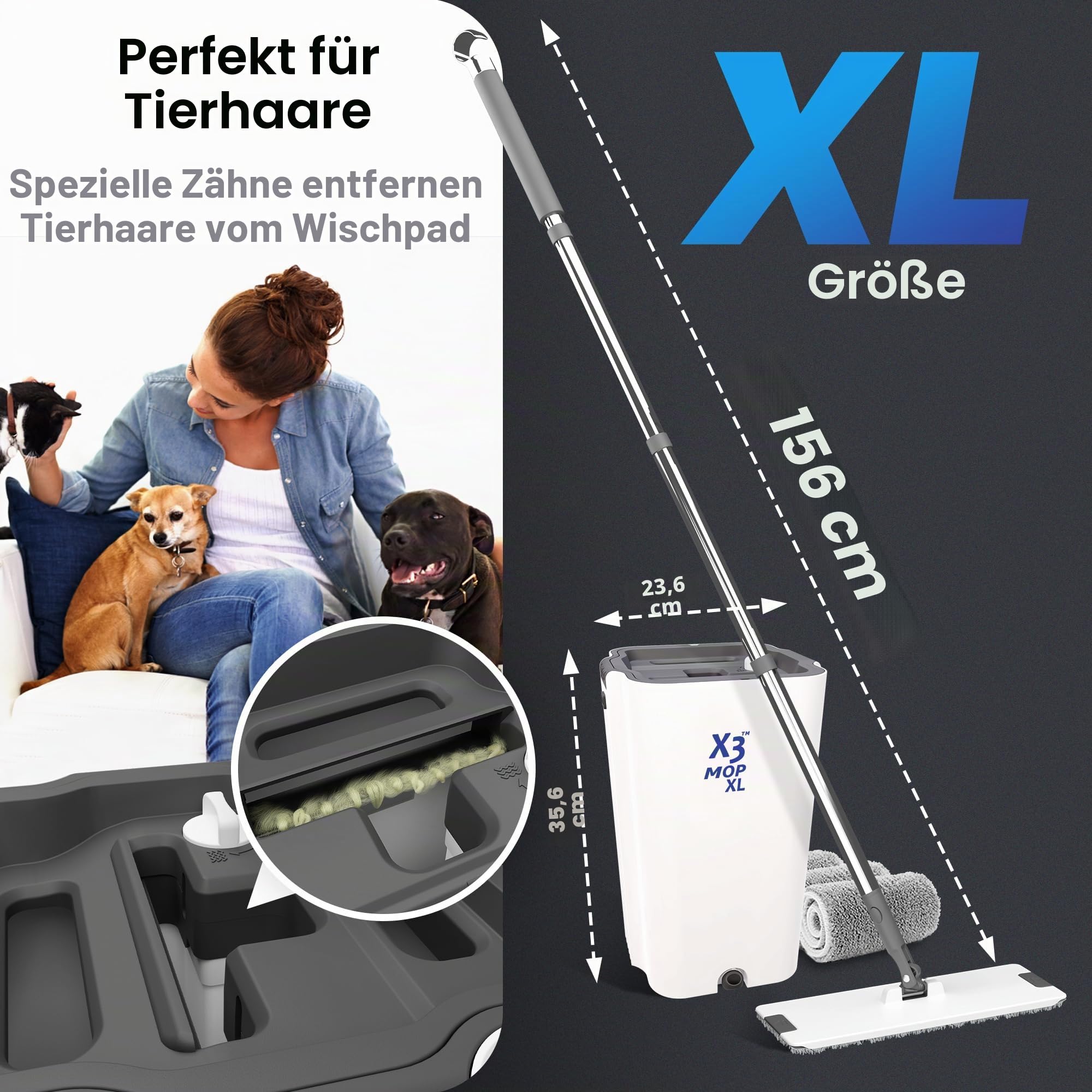 X3 Mop XL, trennt schmutziges und sauberes Wasser, 3-Kammer-Design, Flacher Wischmopp und Eimer-Set, freihändige Bodenreinigung zu Hause, 3 Wiederverwendbare Mikrofaser-Mopp-Pads im Lieferumfang