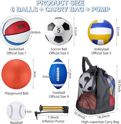 Miniatura 2 de Libima Juego de 6 Pelotas Multideporte de Tamaño Oficial Fútbol Baloncesto Fútbol Soccer Voleibol Pelota de Patio Béisbol con Bolsa de Equipo