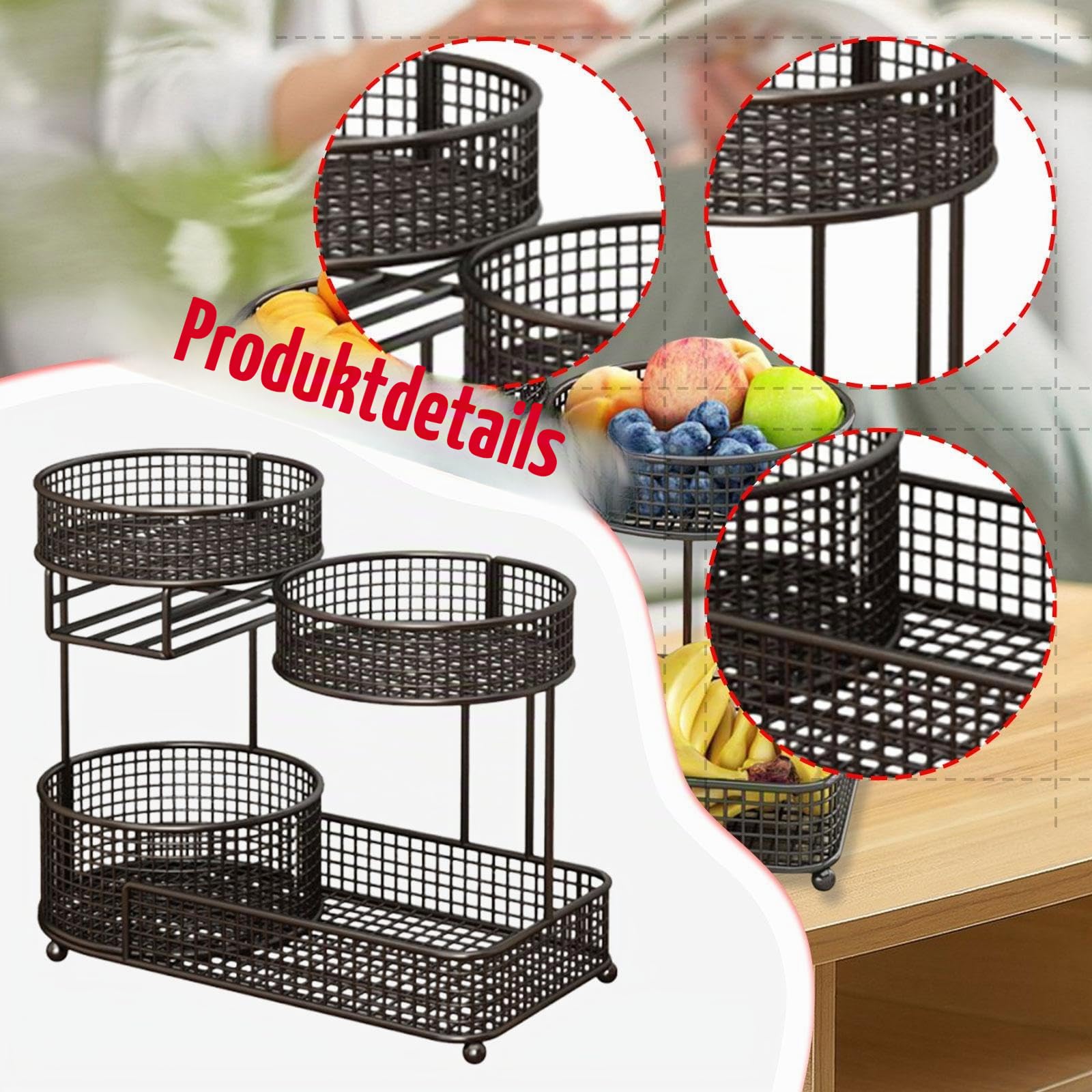 Obstkorb, Obstaufbewahrungsständer, 3 Etagen, kompakter Küchenorganizer aus mit Taschentuchhalter für Partys, Küchentheke, Wohnzimmer, Schwarz