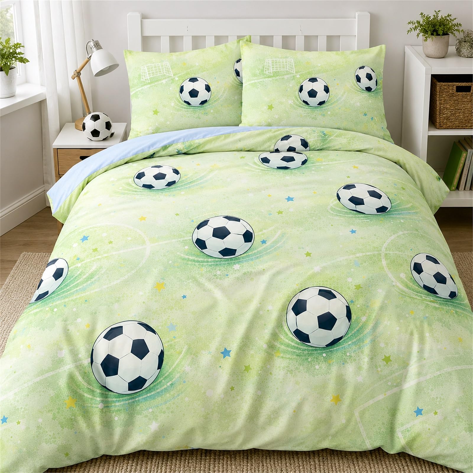 Vryxel Boys Kids Football Soft Bedding Single Duvet Cover Set Bed Zipper White Green 135 x 200 CM