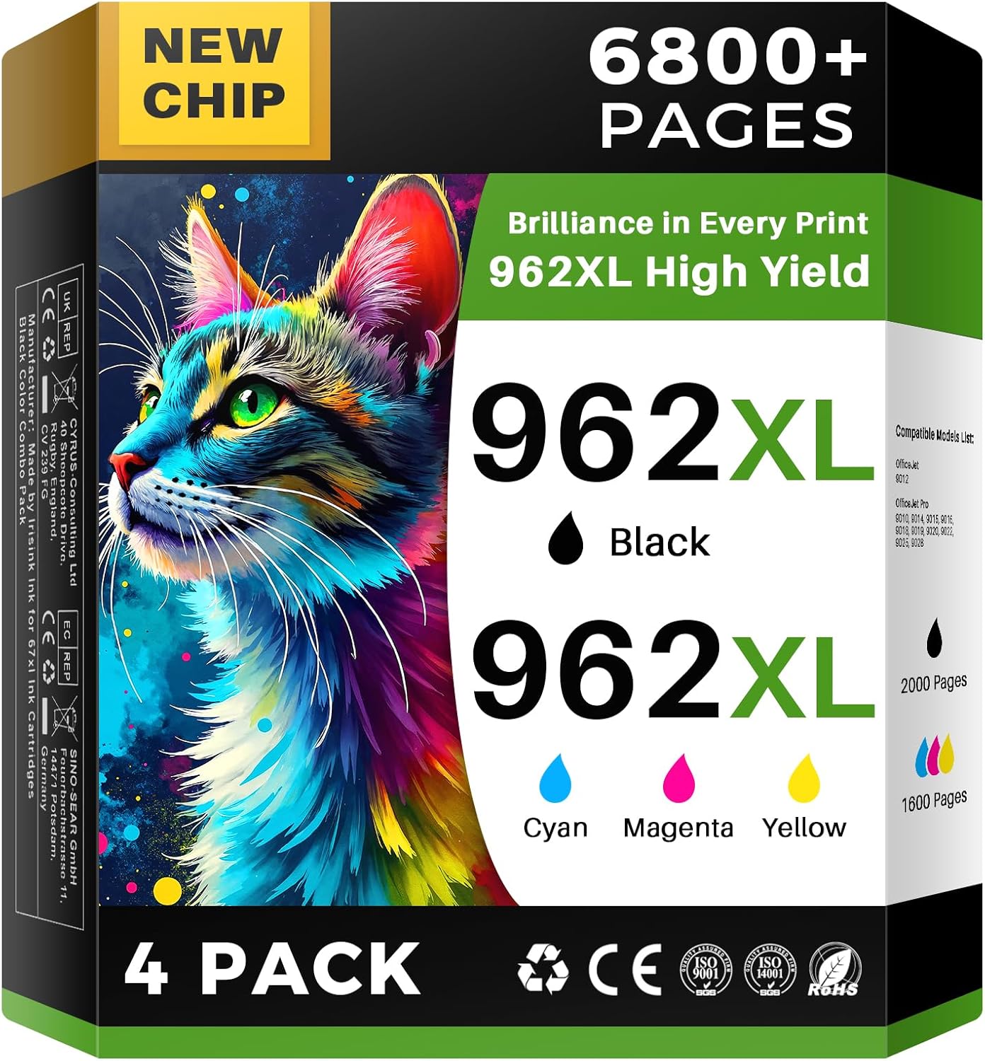 962XL Ink Cartridges Combo Pack Replacement for HP 962XL 962 Ink Cartridges, 962xl Black and 962 Color to Work for HP OfficeJet Pro 9010 9012 9014 9015 9016 9018 9020 9022 9025 Printer (BCMY, 4 Pack)