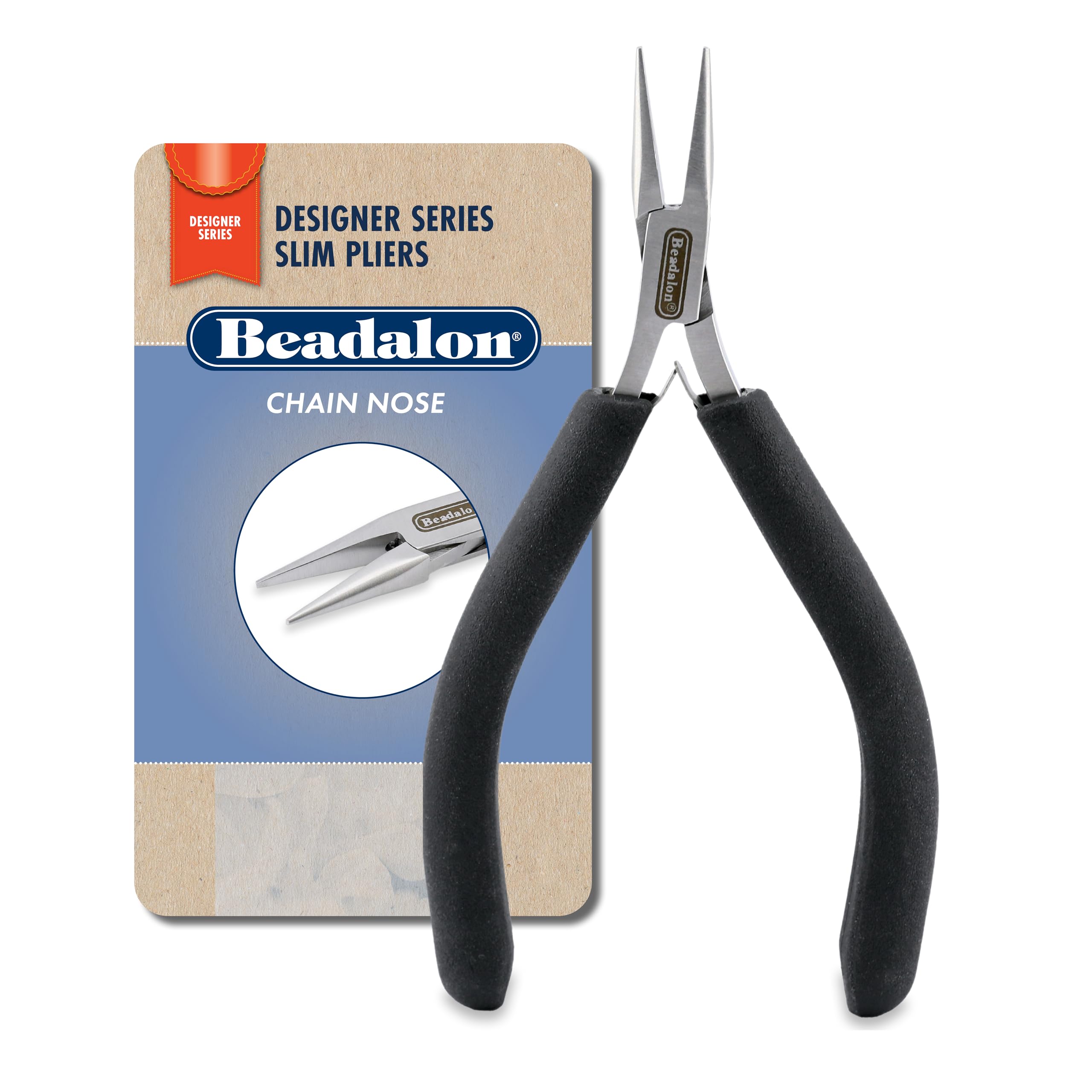 Designer Series Slim Chain Nose Pliers, Black Vinyl-Free Grips, Stainless Steel, Box Joint, Double Leaf Springs, 5.75 in