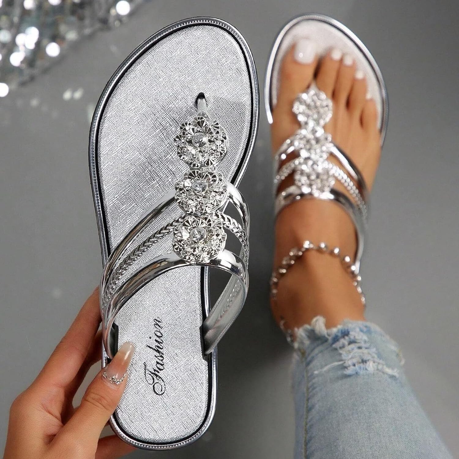 Generisch Flip Flops Damen Elegant,Flip Flops Damen Glitzer,Sommer Schlappen Lässige Flache Sandals Schuhe Slippers,Sommer Sandalen Flach Flip Flops Zehentrenner Glitzer Strasssteine,Boho Sandaletten