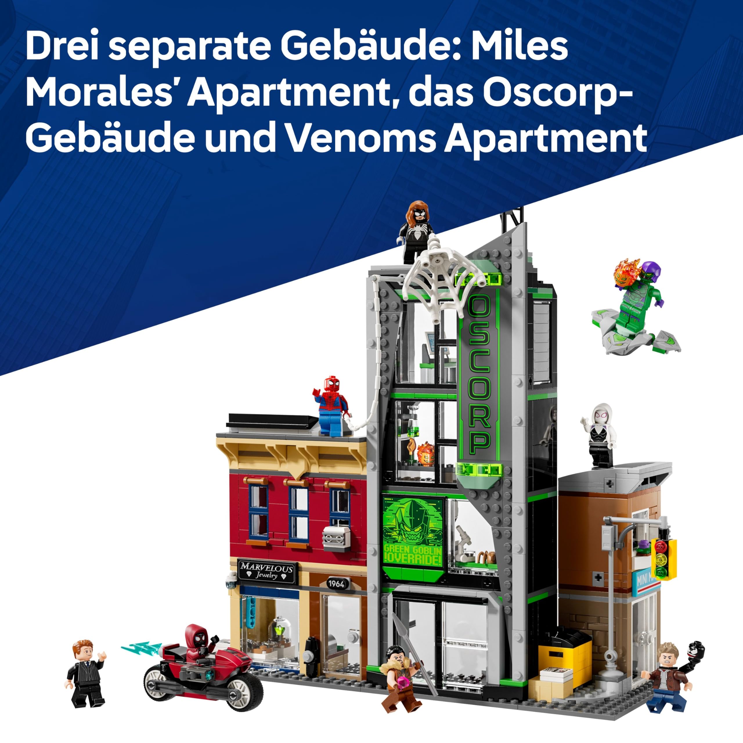 LEGO ǀ Marvel Spider-Man vs. Oscorp - Bauset zum Sammeln für Kinder mit 8 Minifiguren, darunter auch Spider-Woman, Miles Morales, Ghost Spider und Green Goblin - Geschenk ab 10 Jahren - 76324